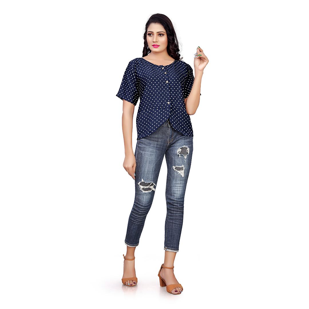 Elegant Polka Dot Georgette Top - Navy Blue with White Dots