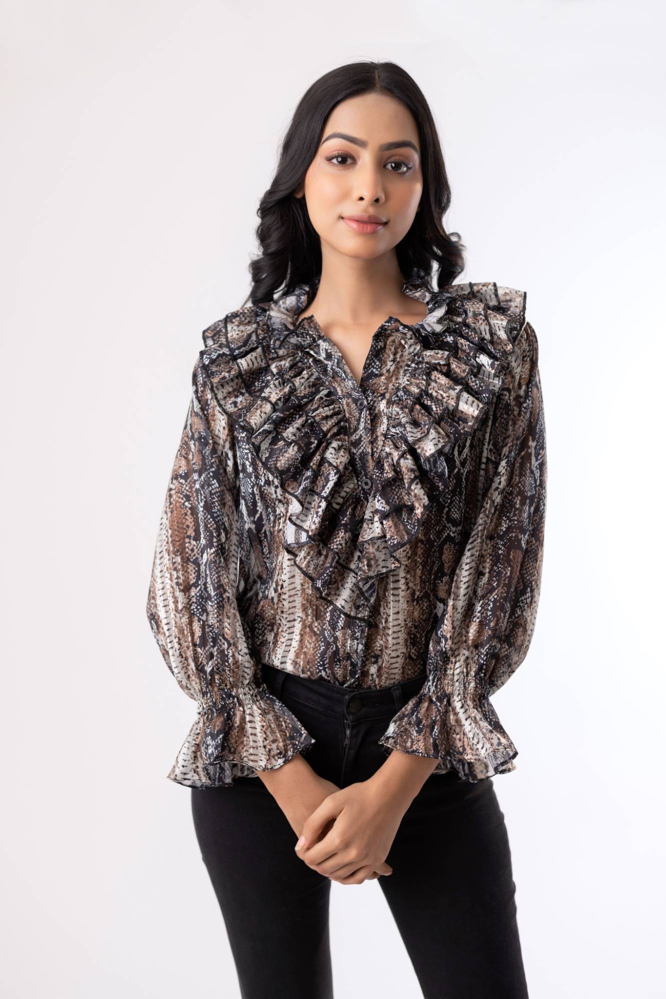 Ethereal Elegance Frill Shirt with Smokey Sleeves
