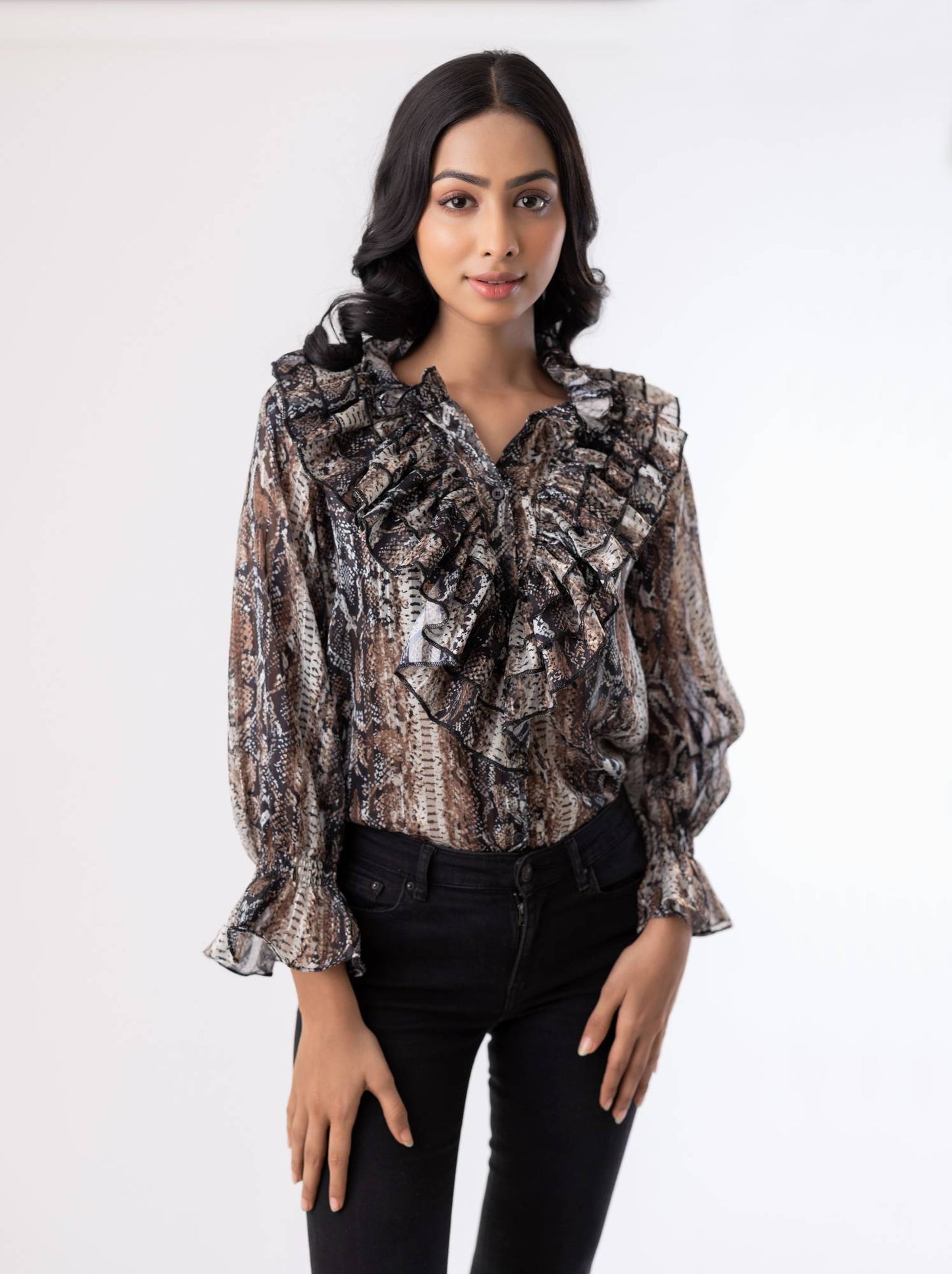 Ethereal Elegance Frill Shirt with Smokey Sleeves