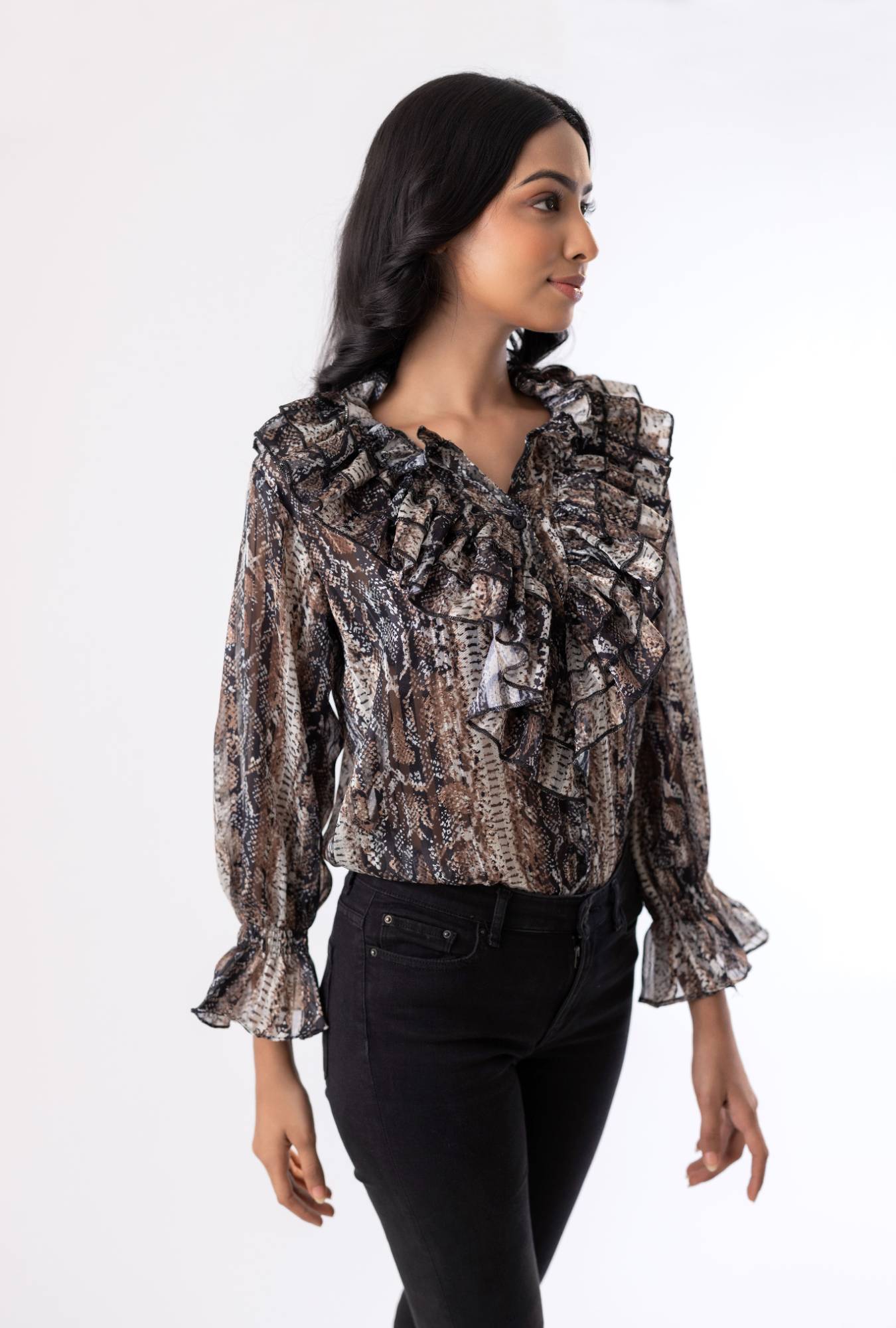 Ethereal Elegance Frill Shirt with Smokey Sleeves