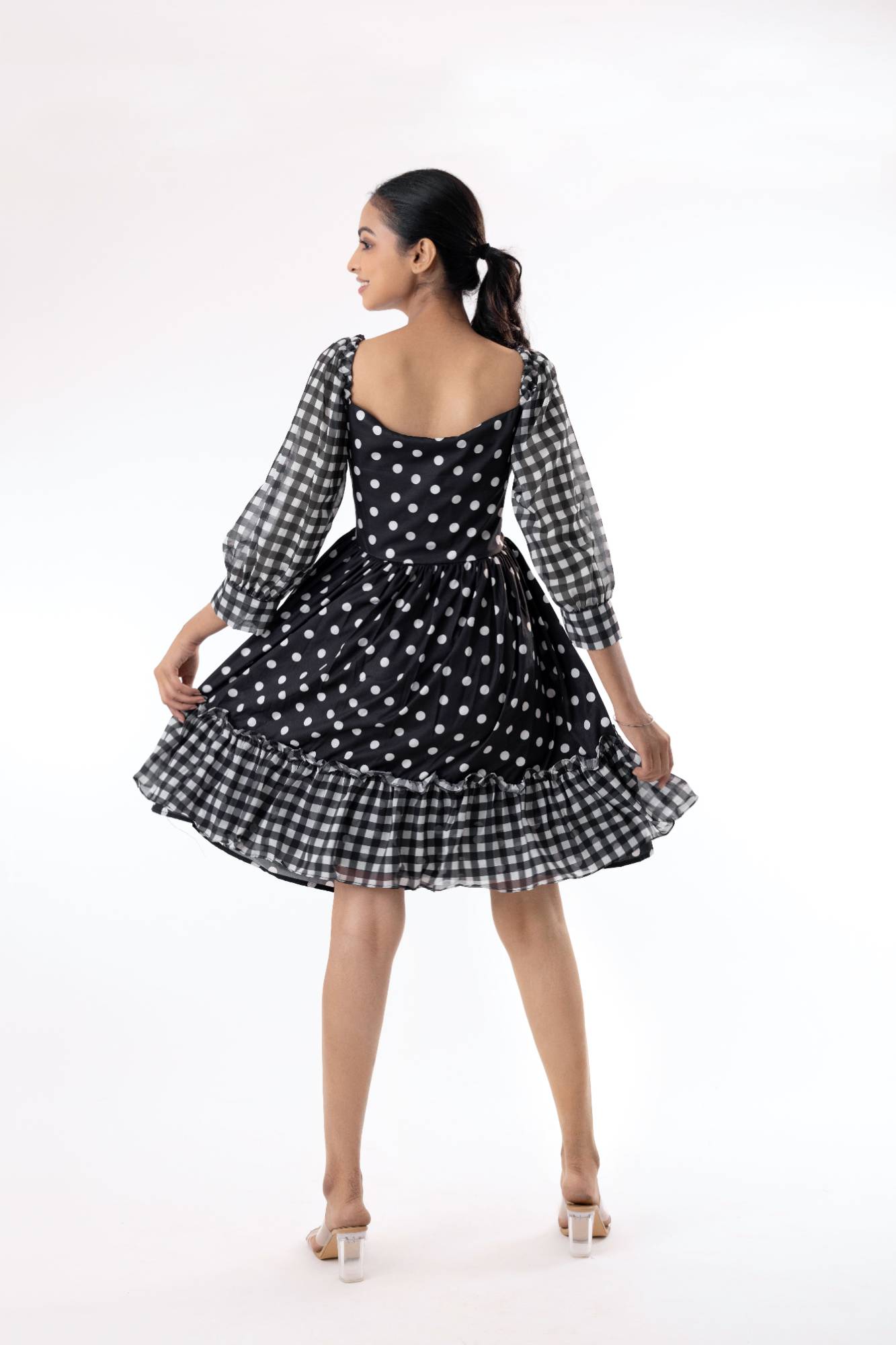 Checks & polka dot printed western dress for women