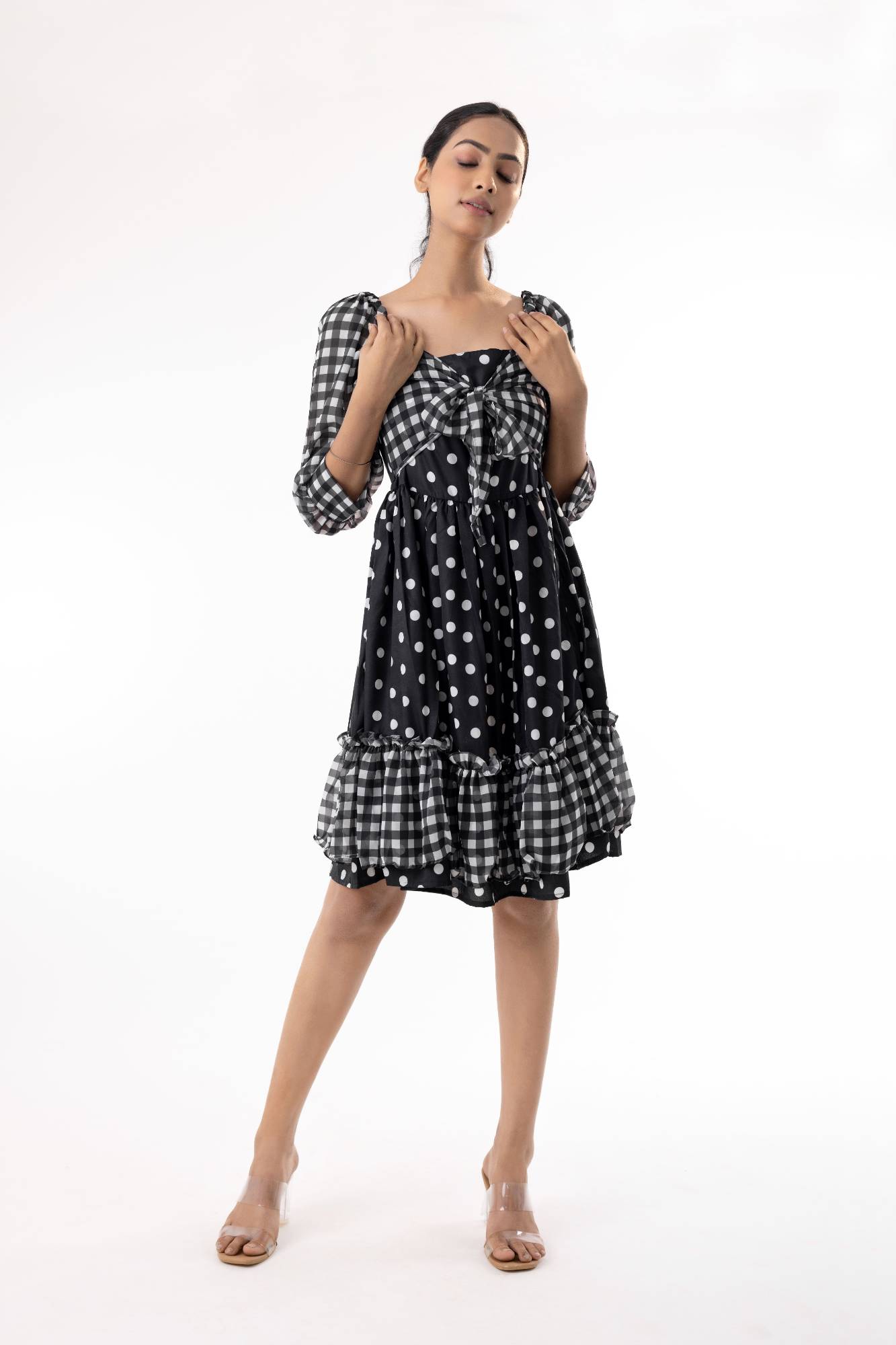Checks & polka dot printed western dress for women