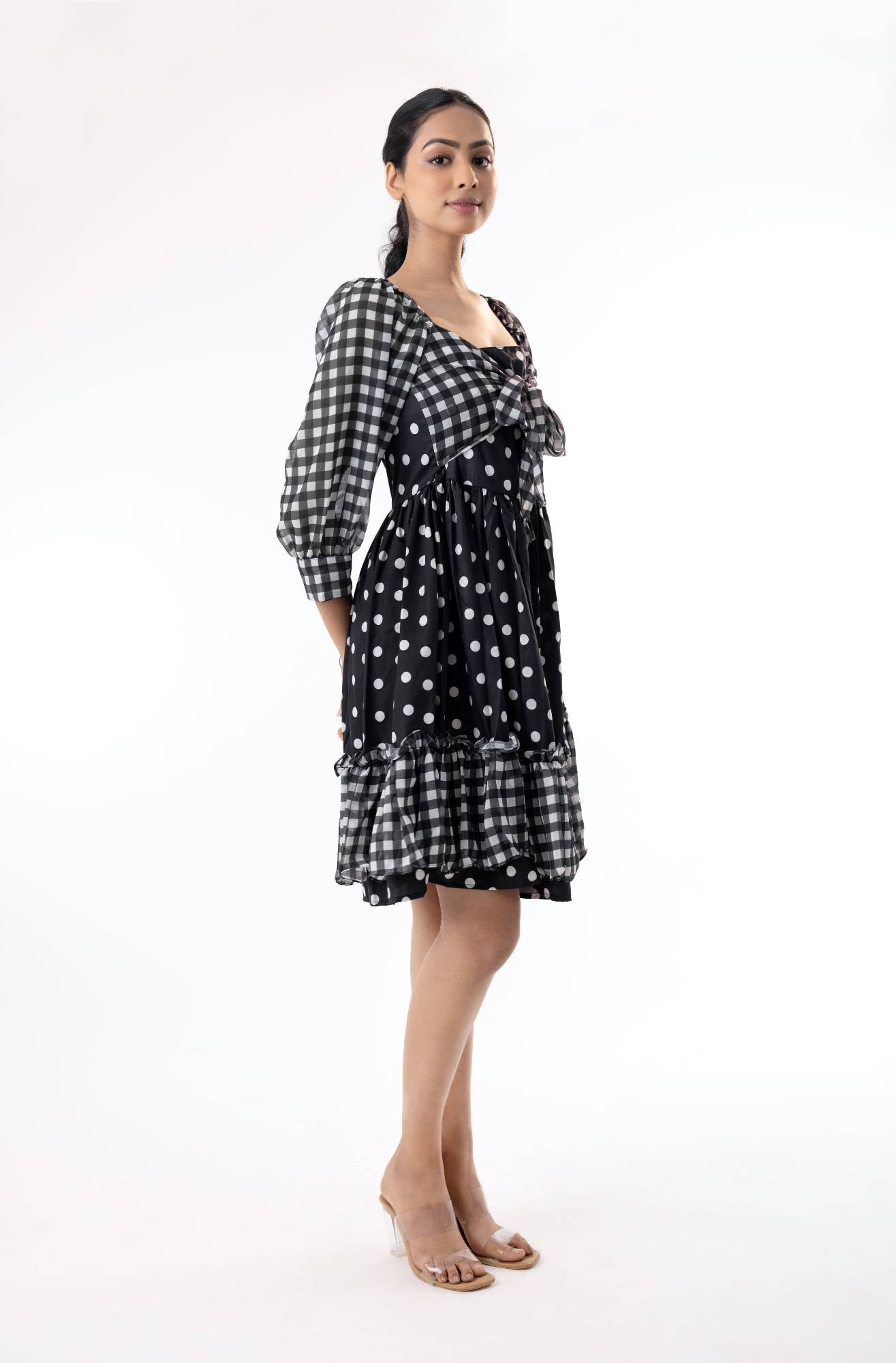 Checks & polka dot printed western dress for women