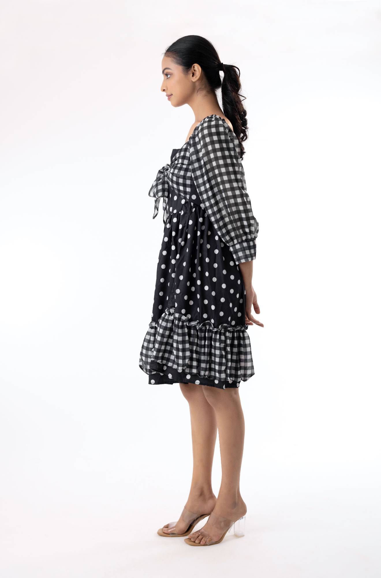 Checks & polka dot printed western dress for women