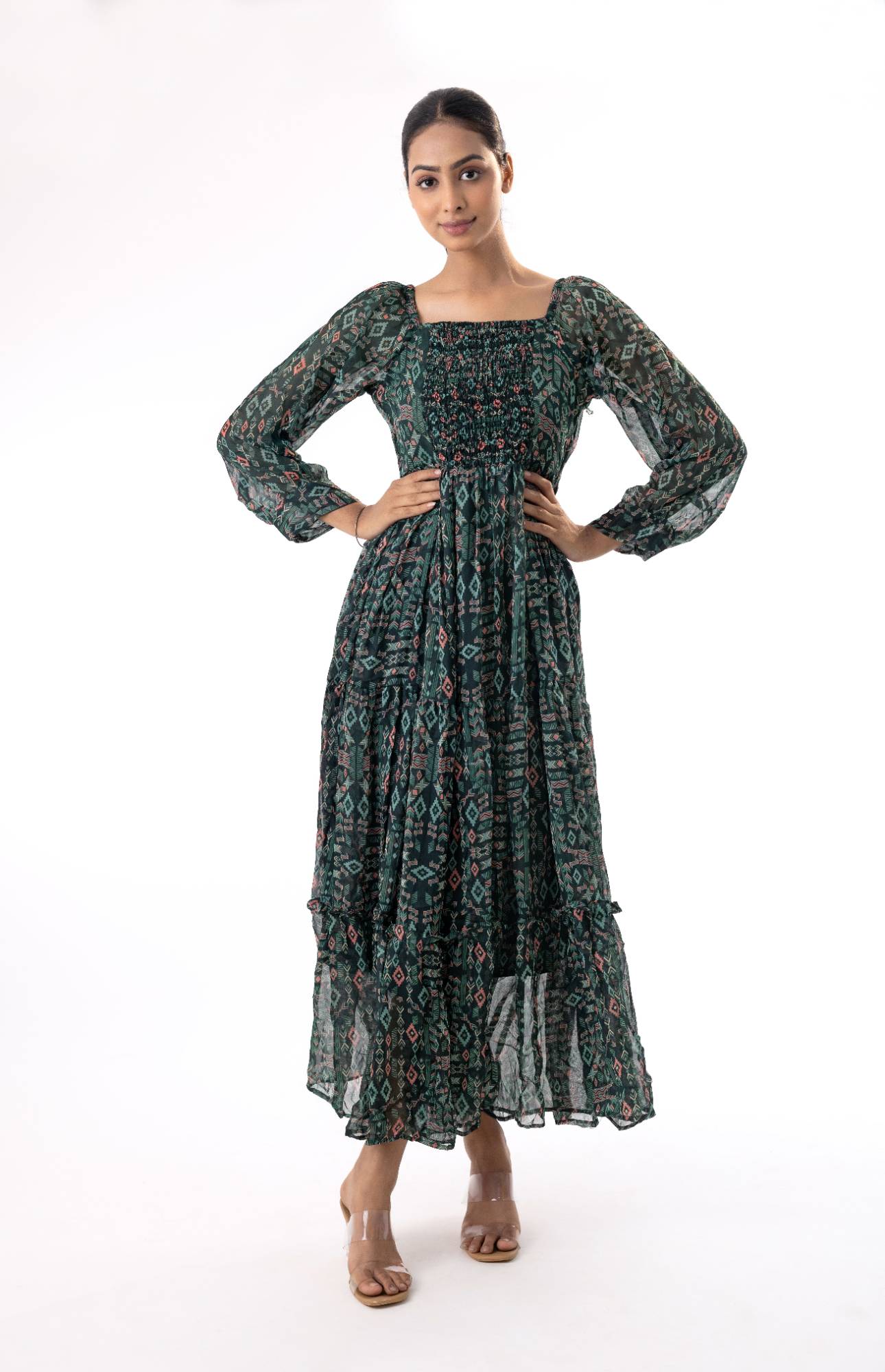 Women’s Floral Print Maxi Dress with Puff Sleeves