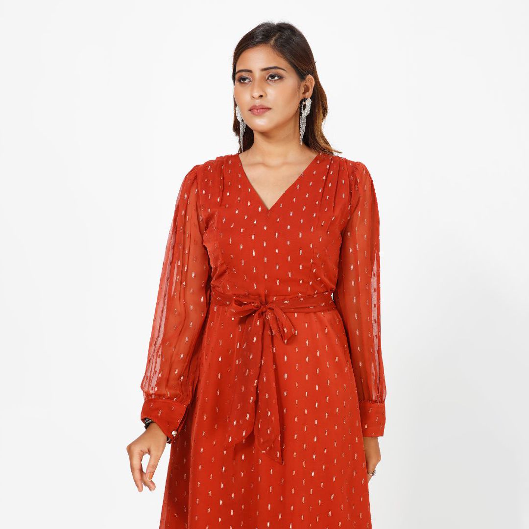 Glamorous Georgette Midi Dress with Lurex Butta and Chic Waist Belt