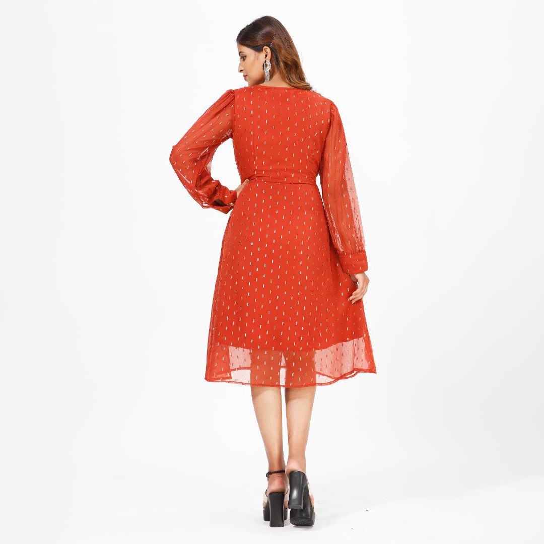 Glamorous Georgette Midi Dress with Lurex Butta and Chic Waist Belt