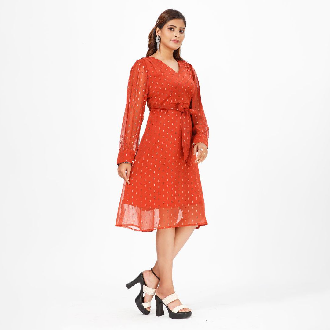 Glamorous Georgette Midi Dress with Lurex Butta and Chic Waist Belt