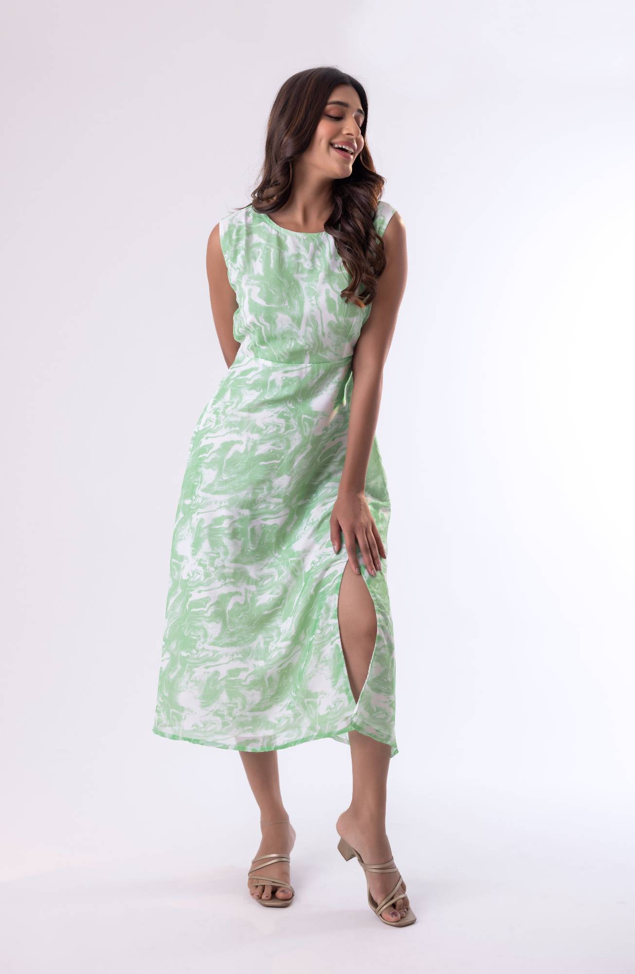 Marble print without sleeve western dress for women