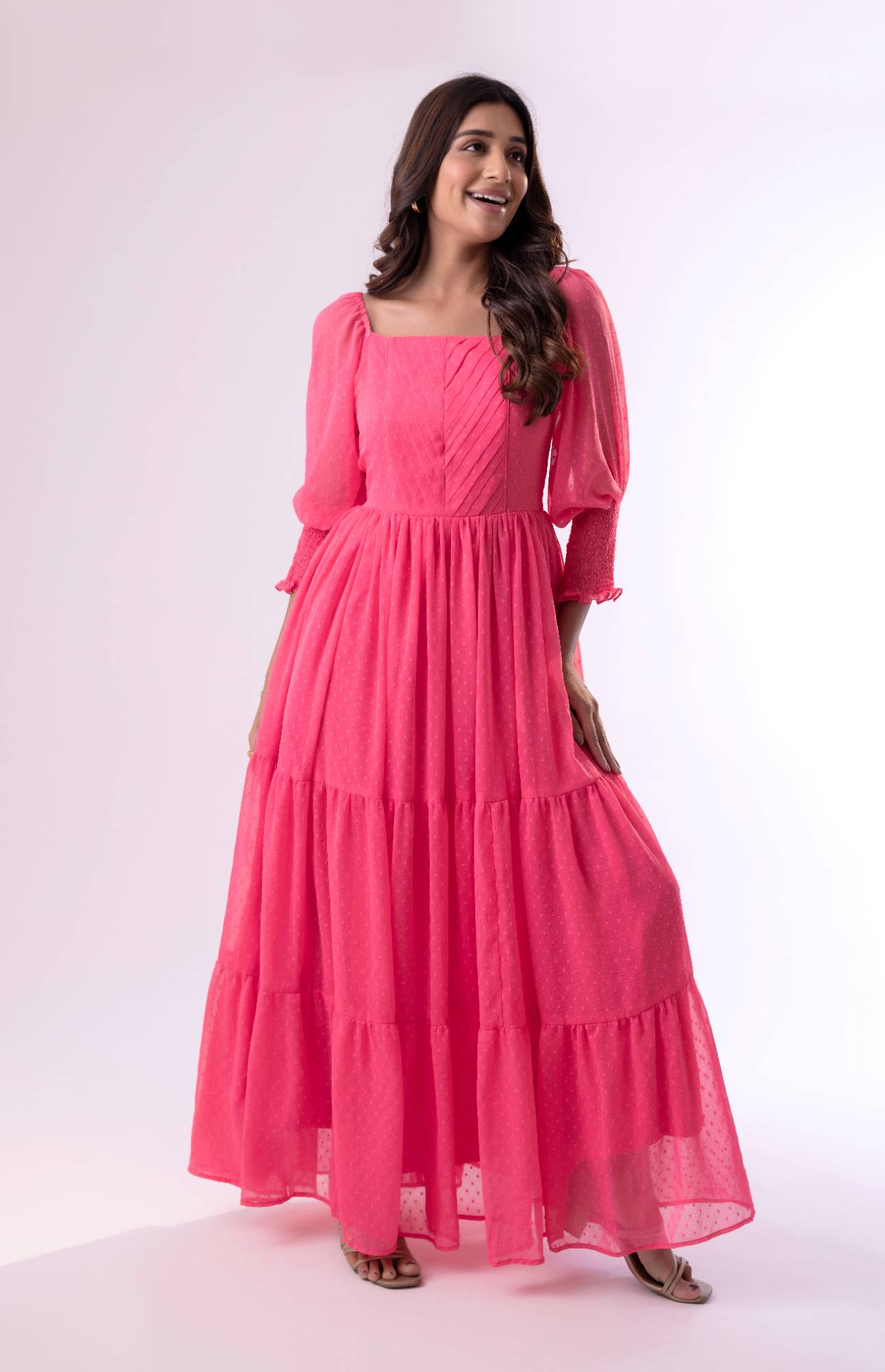 Enchanted Evening Chiffon Maxi Dress with Smokey Sleeves and Pintuck Yolk