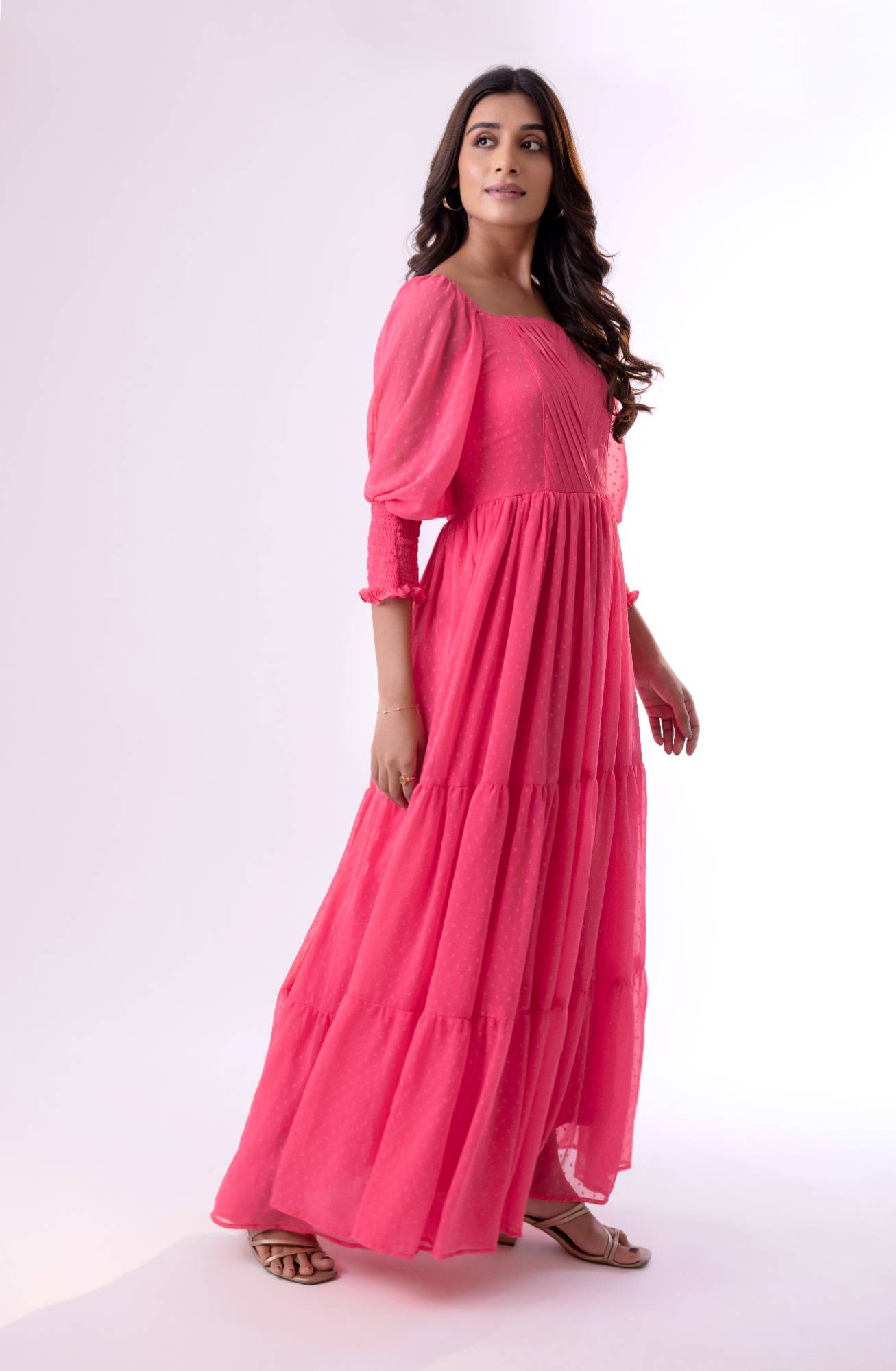 Enchanted Evening Chiffon Maxi Dress with Smokey Sleeves and Pintuck Yolk