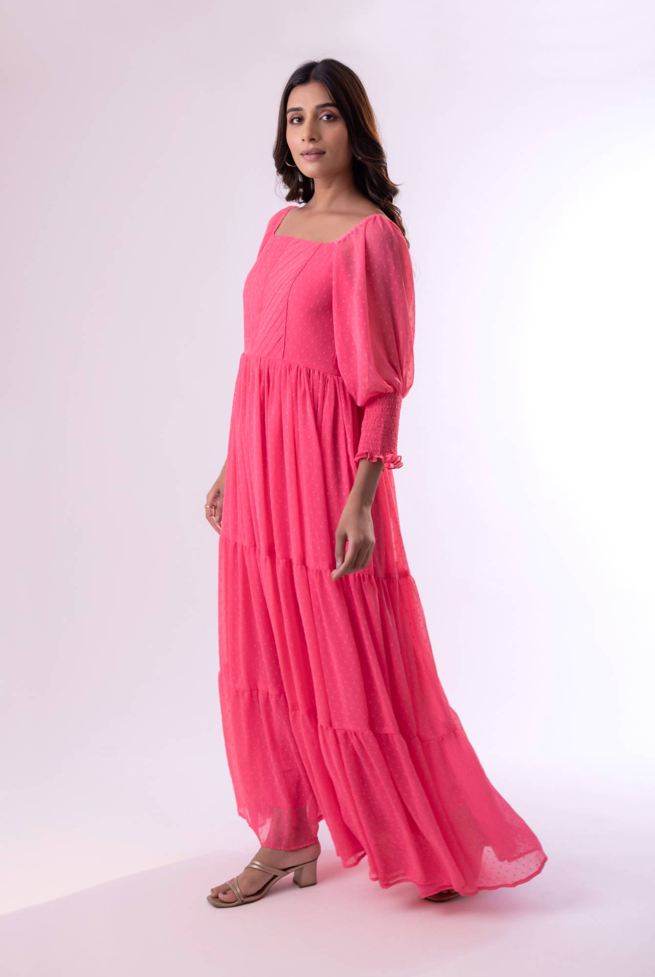 Enchanted Evening Chiffon Maxi Dress with Smokey Sleeves and Pintuck Yolk
