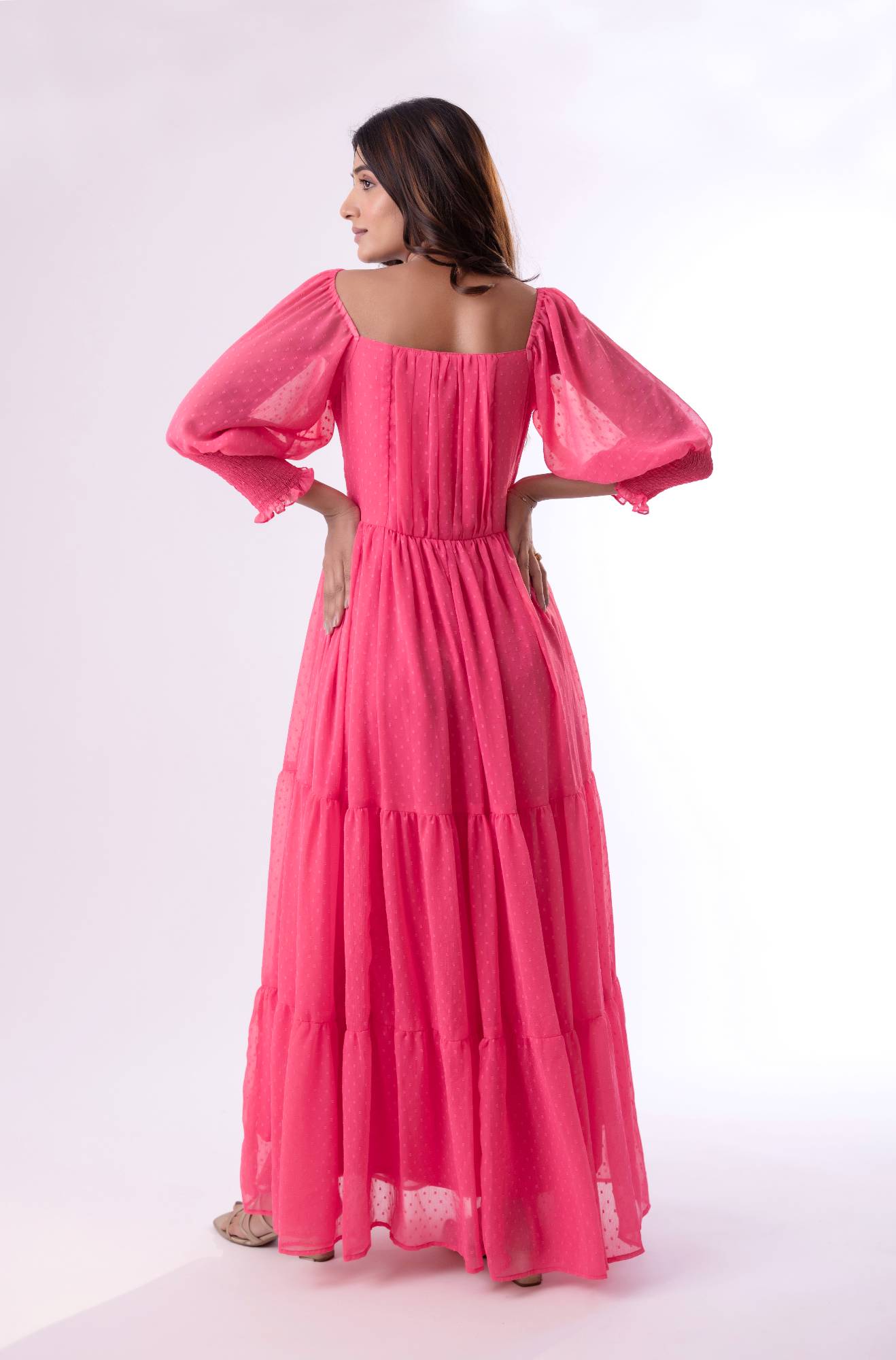 Enchanted Evening Chiffon Maxi Dress with Smokey Sleeves and Pintuck Yolk