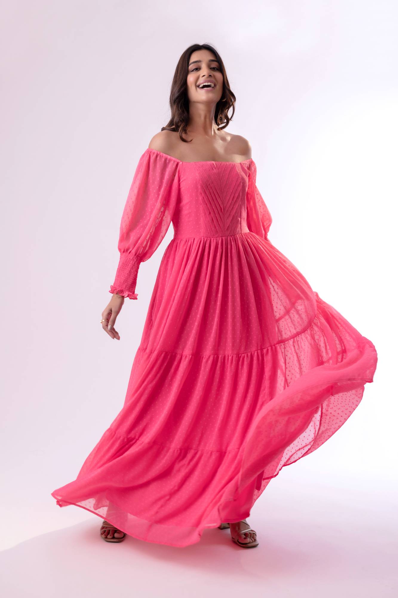 Enchanted Evening Chiffon Maxi Dress with Smokey Sleeves and Pintuck Yolk