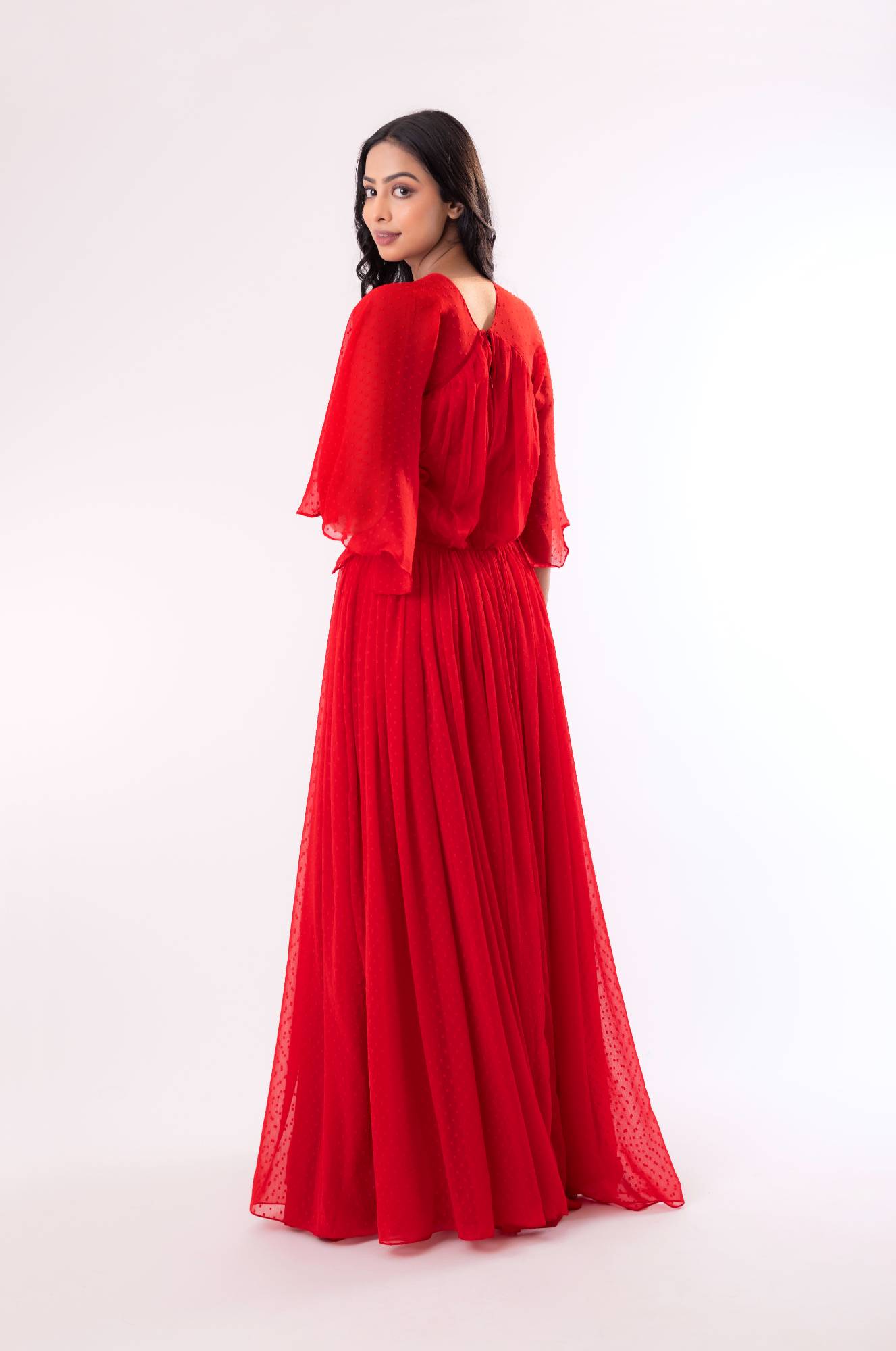 V-Neck Maxi Dress with Pleated Yolk and Cut-Out Details