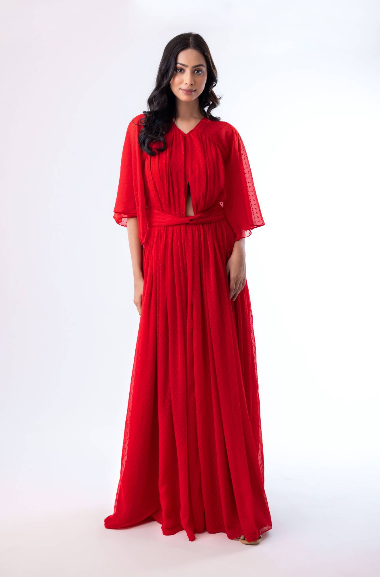 V-Neck Maxi Dress with Pleated Yolk and Cut-Out Details
