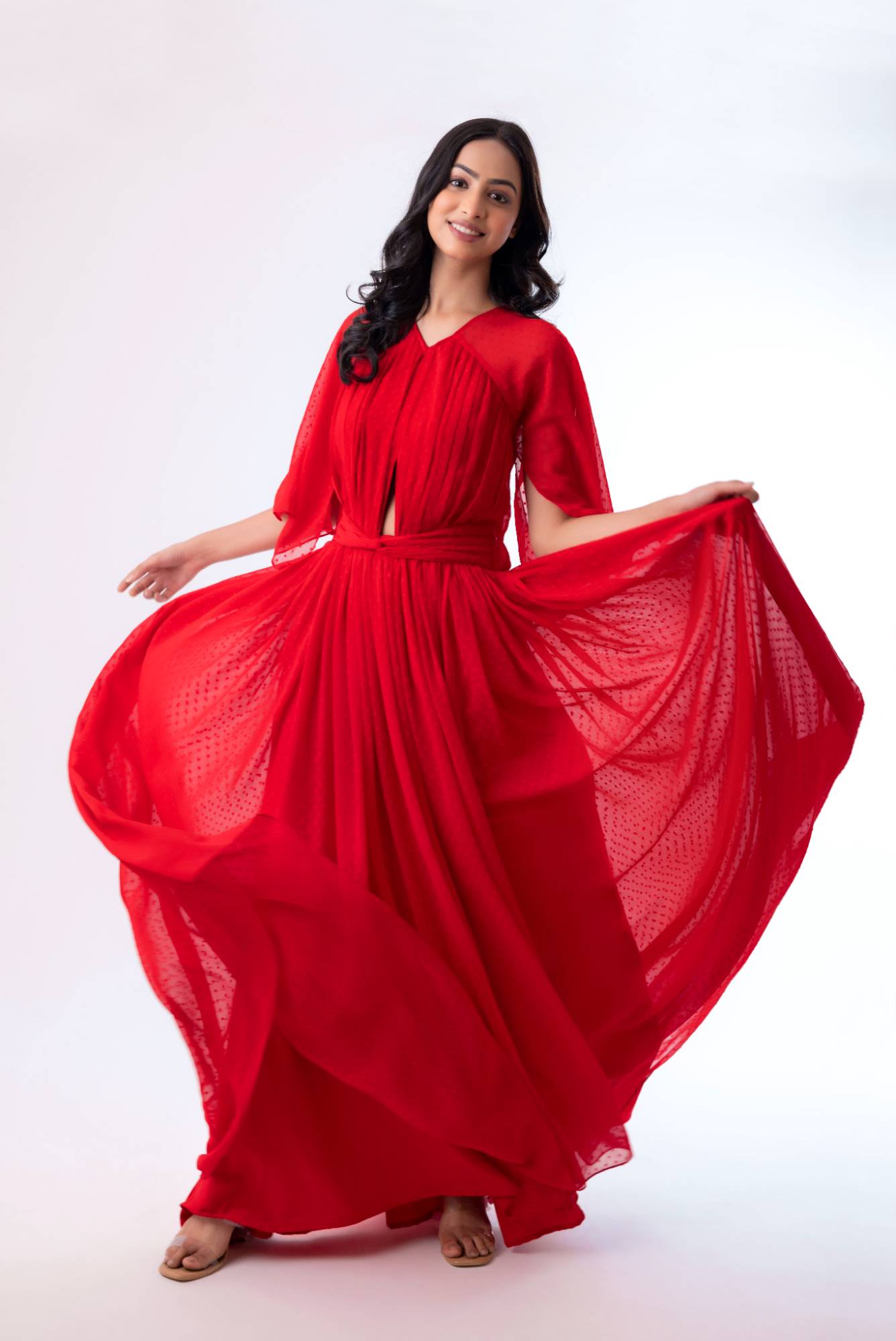 V-Neck Maxi Dress with Pleated Yolk and Cut-Out Details