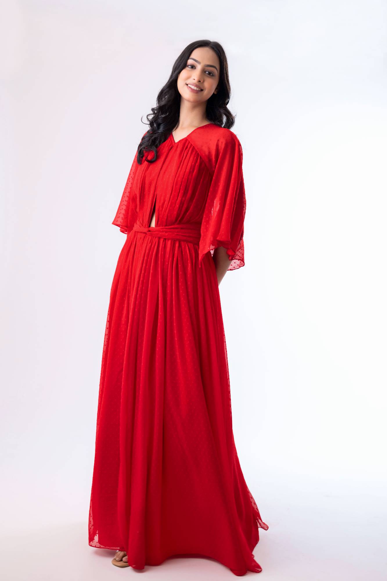 V-Neck Maxi Dress with Pleated Yolk and Cut-Out Details