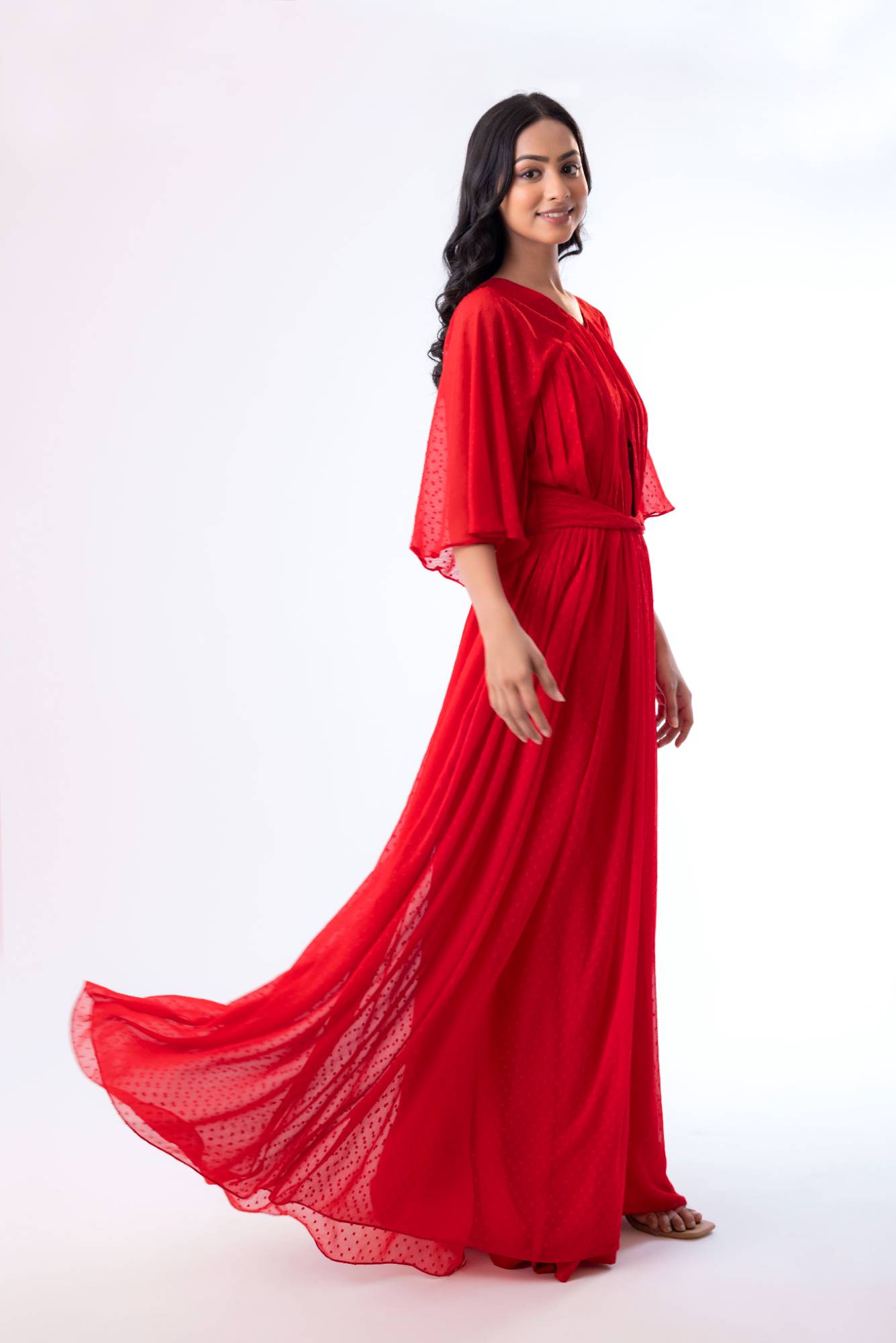 V-Neck Maxi Dress with Pleated Yolk and Cut-Out Details