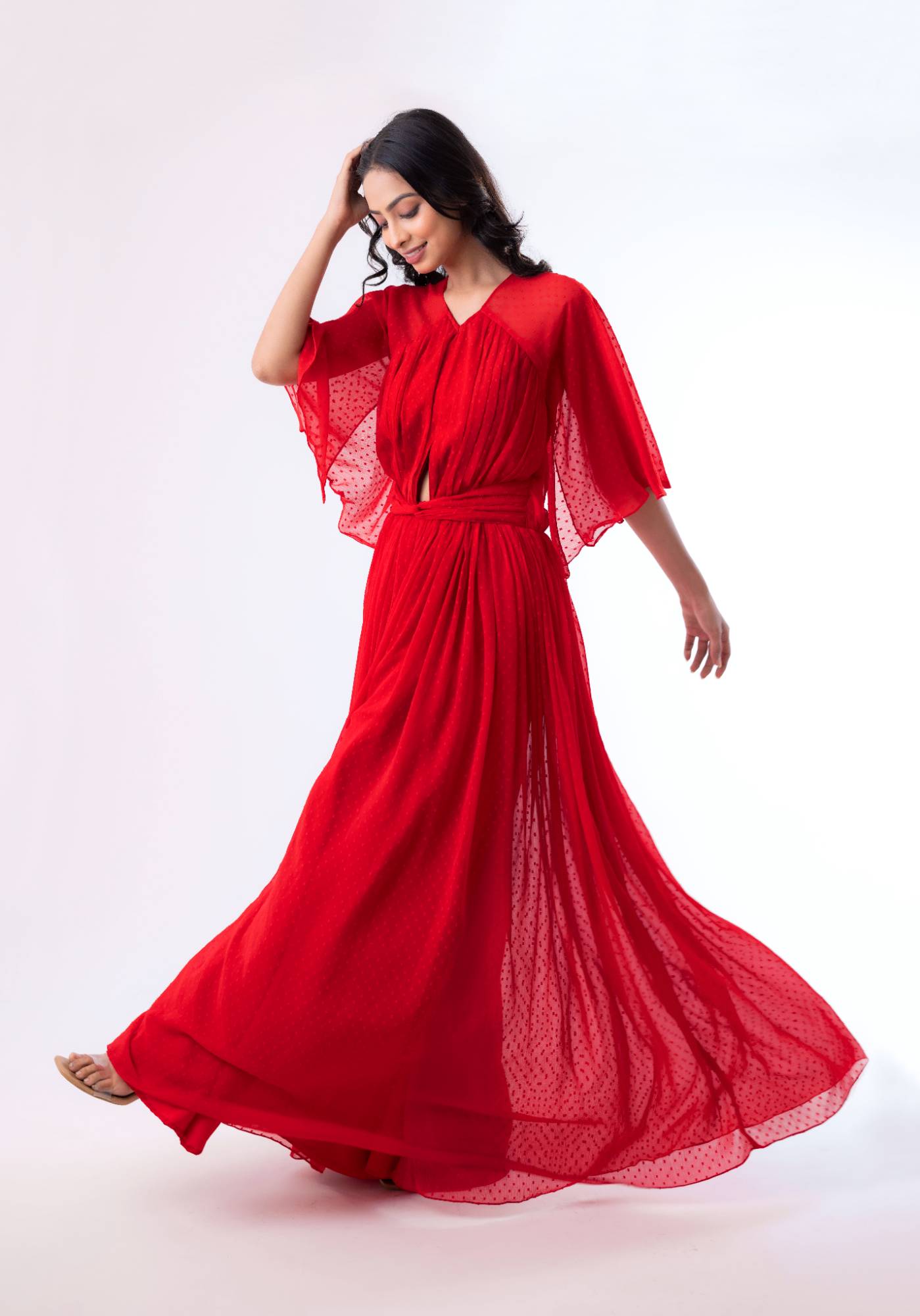 V-Neck Maxi Dress with Pleated Yolk and Cut-Out Details