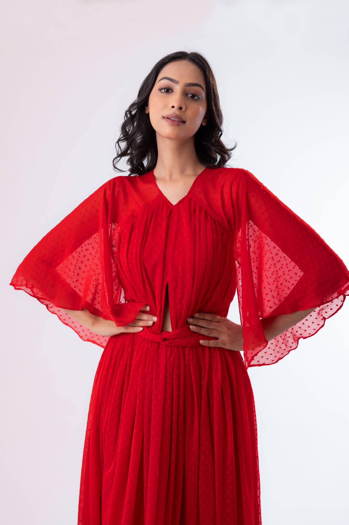 V-Neck Maxi Dress with Pleated Yolk and Cut-Out Details