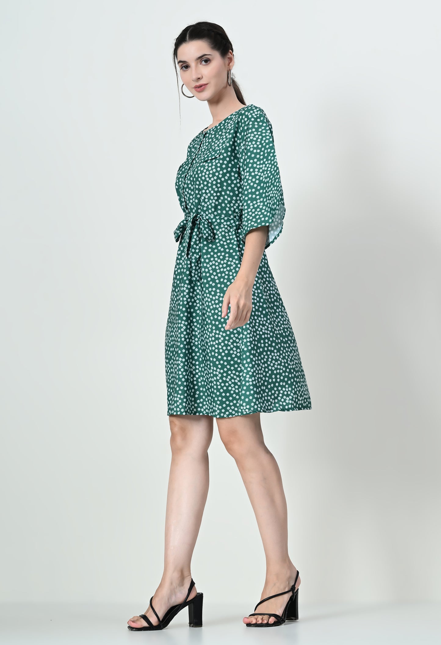 Chic High Neck Mini Dress in Crepe Fabric - Available in White and Green