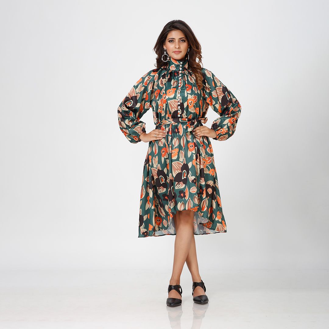 Collar neck with full sleev floral printed western drees for women