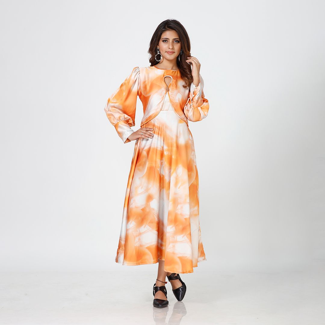 Abstract Artistry Satin Maxi Dress with Orange Marble Essence