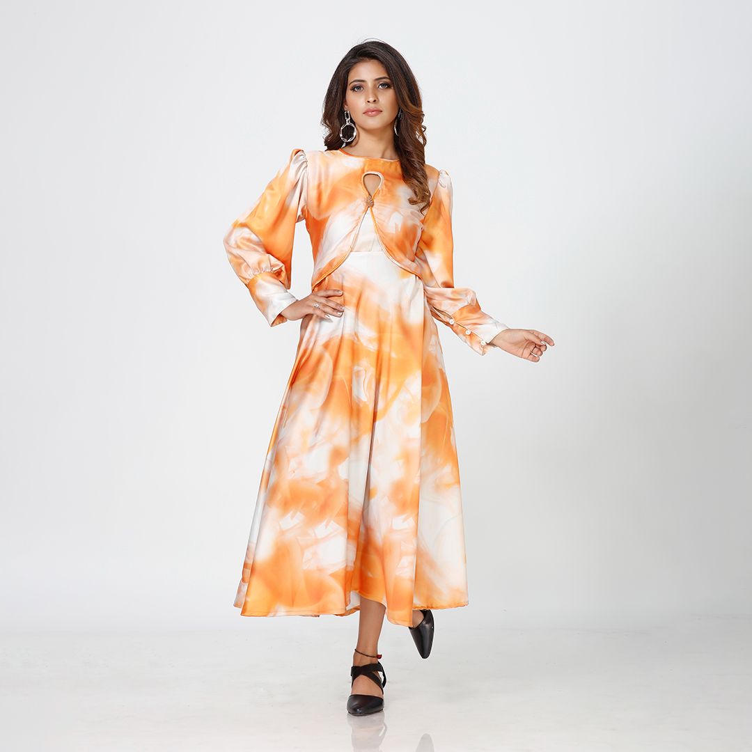 Abstract Artistry Satin Maxi Dress with Orange Marble Essence