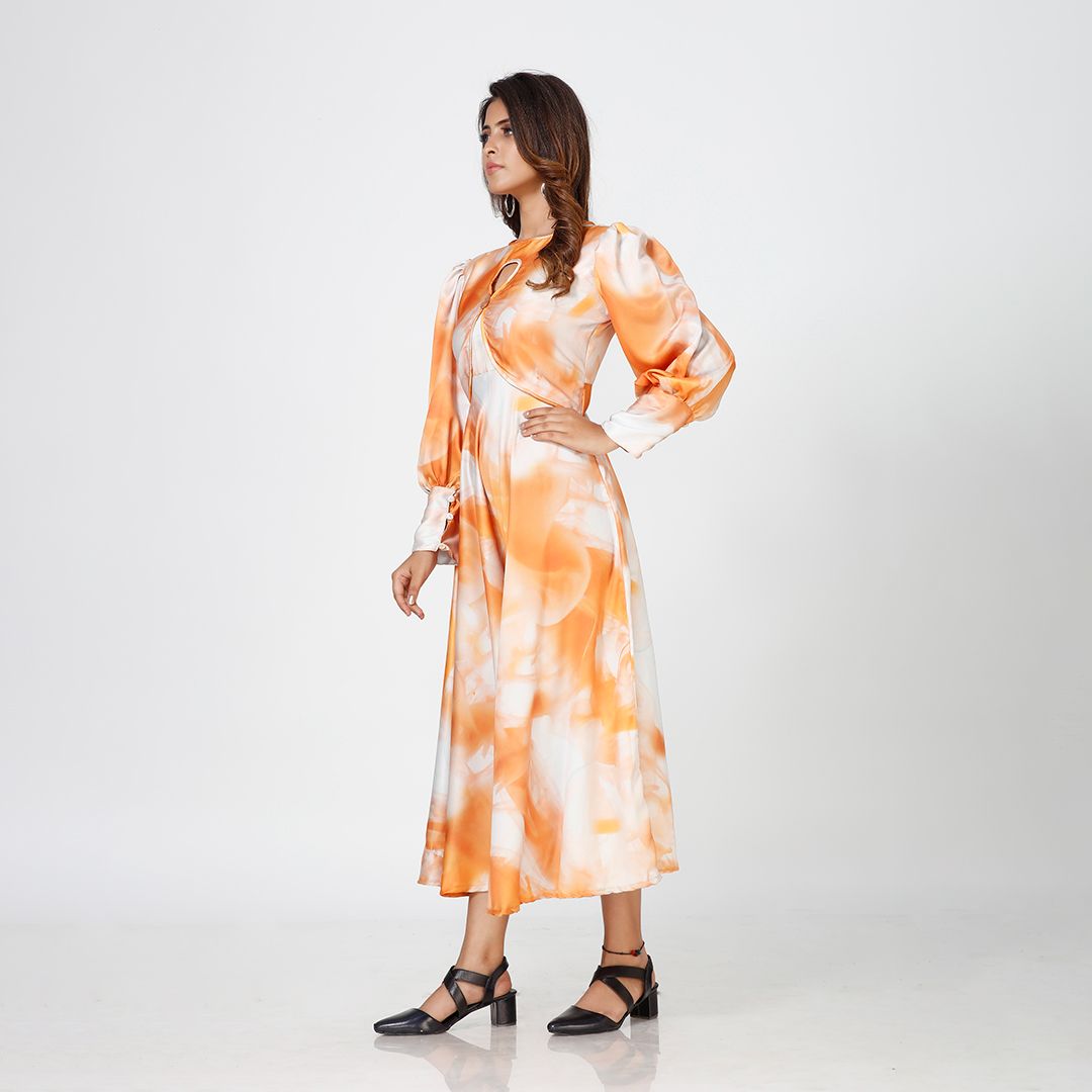 Abstract Artistry Satin Maxi Dress with Orange Marble Essence