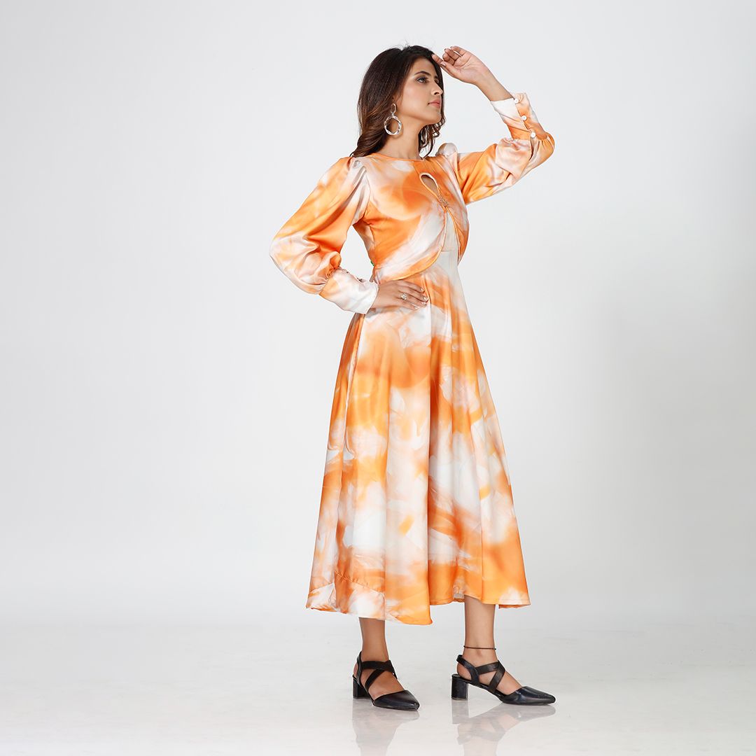 Abstract Artistry Satin Maxi Dress with Orange Marble Essence