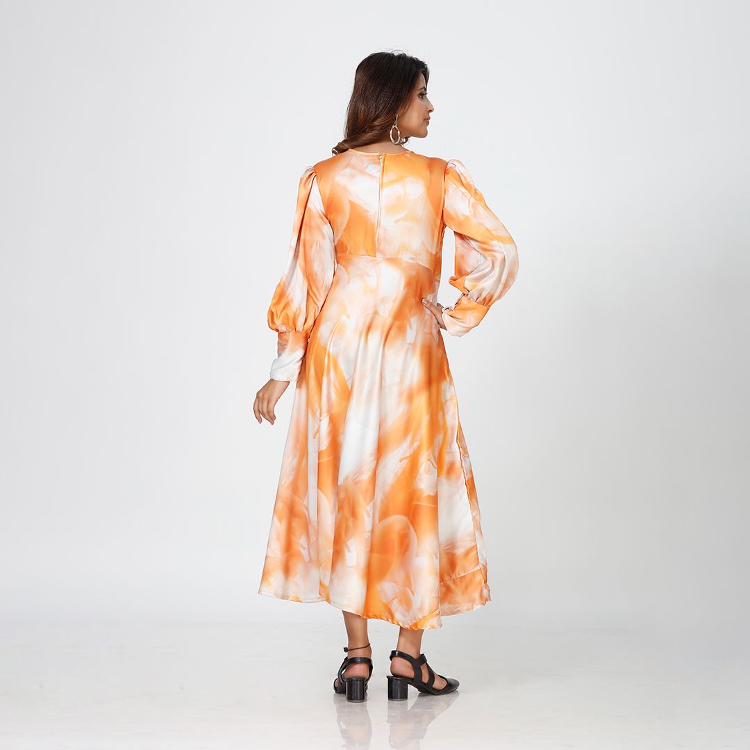 Abstract Artistry Satin Maxi Dress with Orange Marble Essence