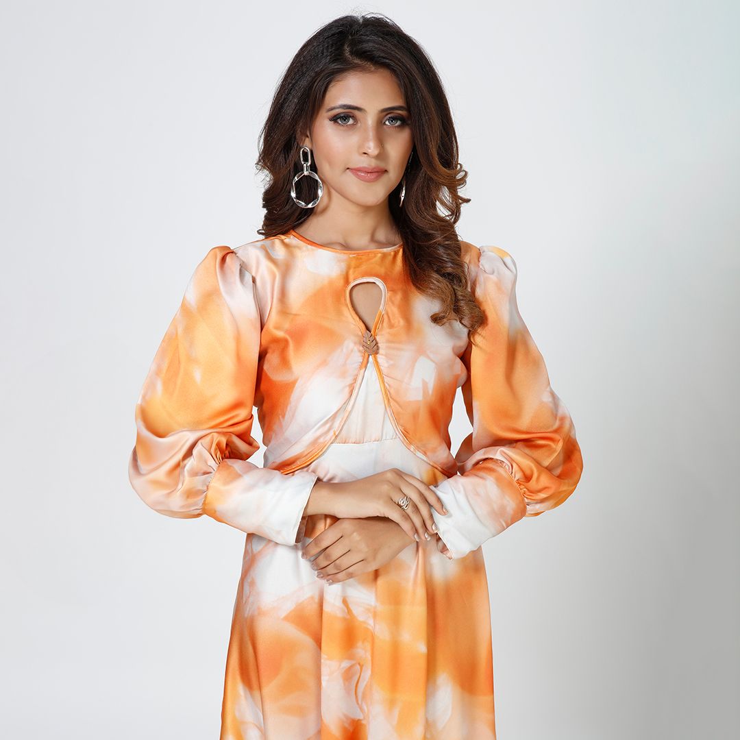 Abstract Artistry Satin Maxi Dress with Orange Marble Essence