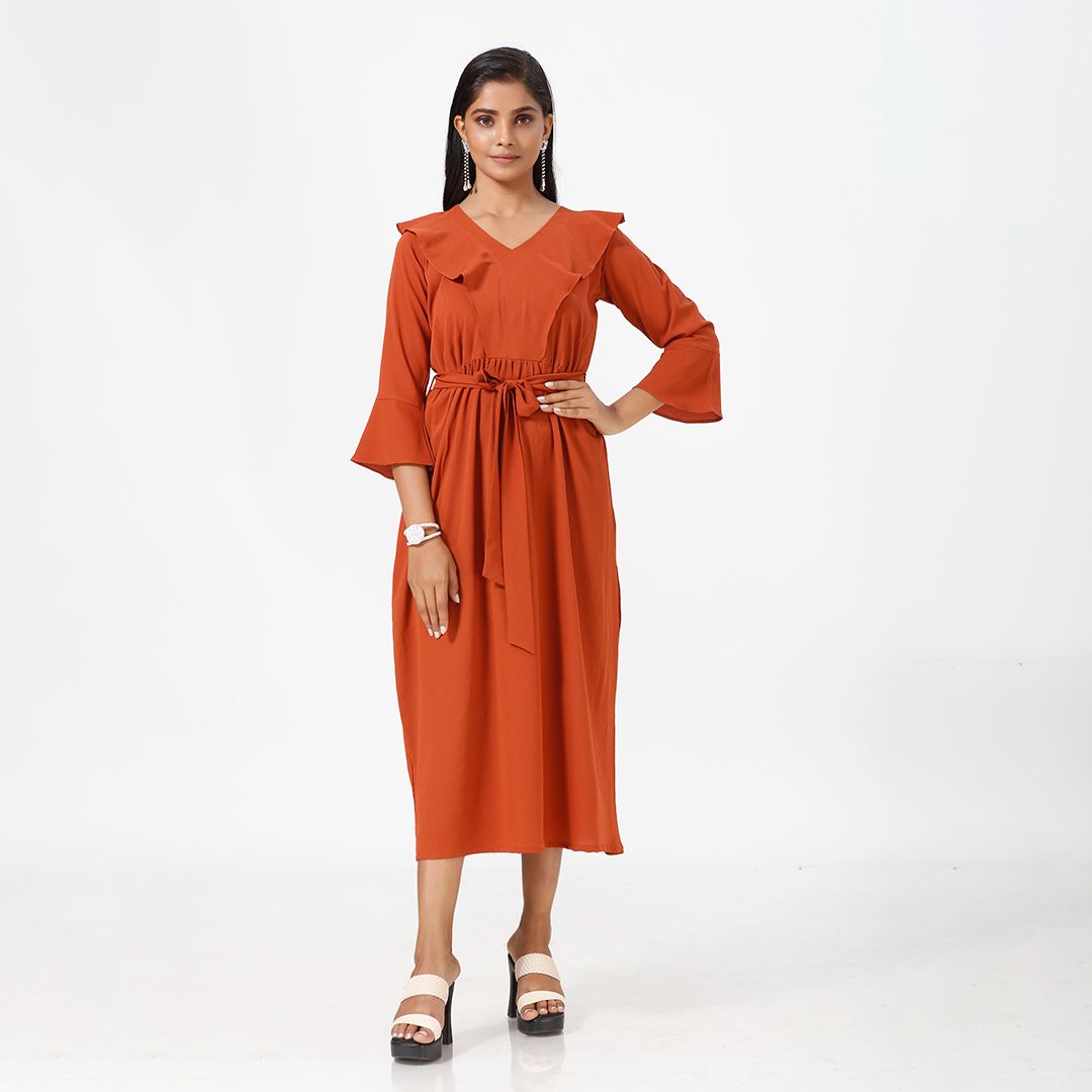 A line V neck plain western dress for women