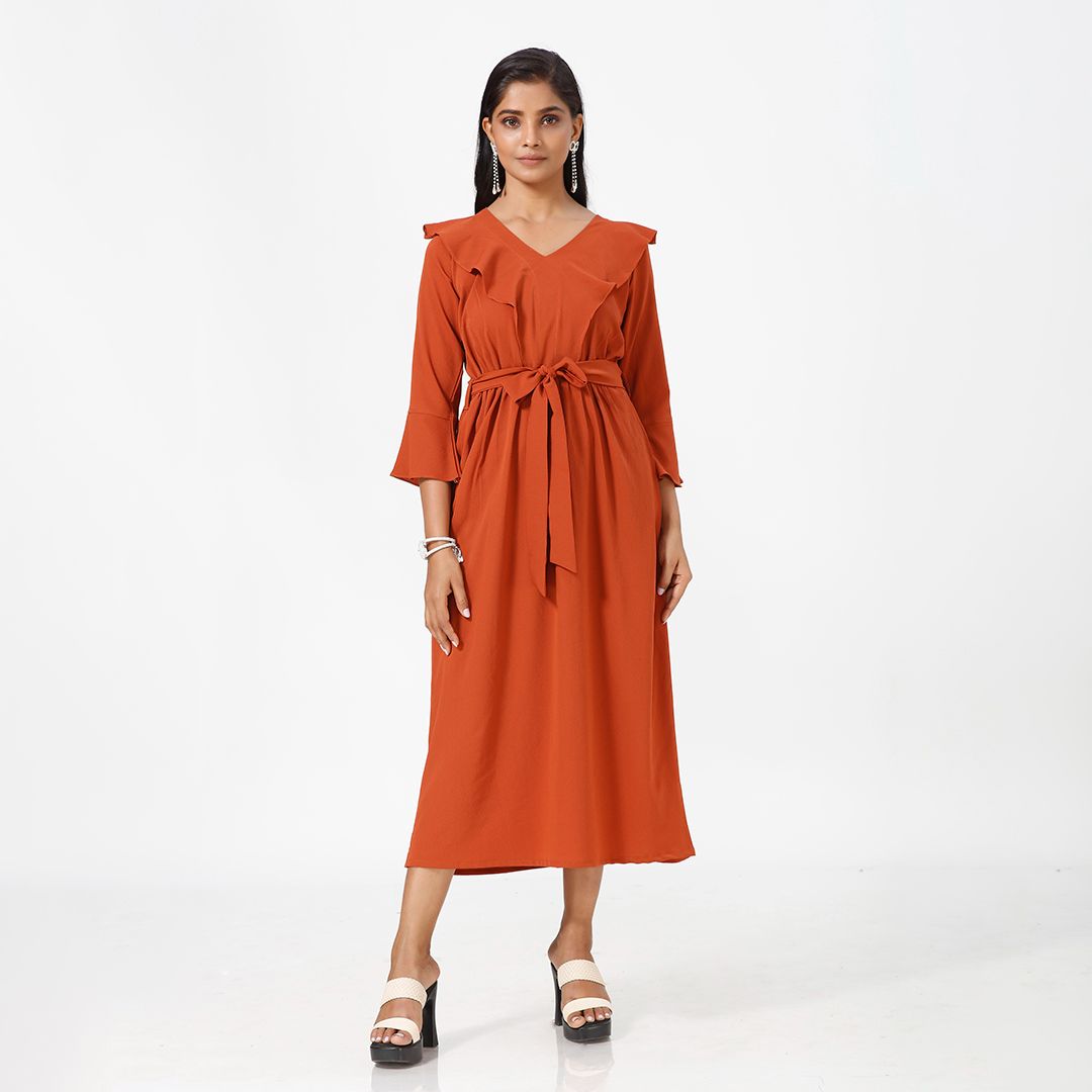 A line V neck plain western dress for women