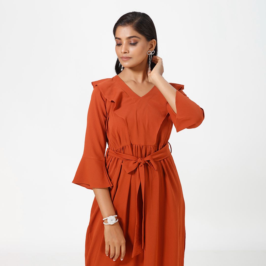 A line V neck plain western dress for women