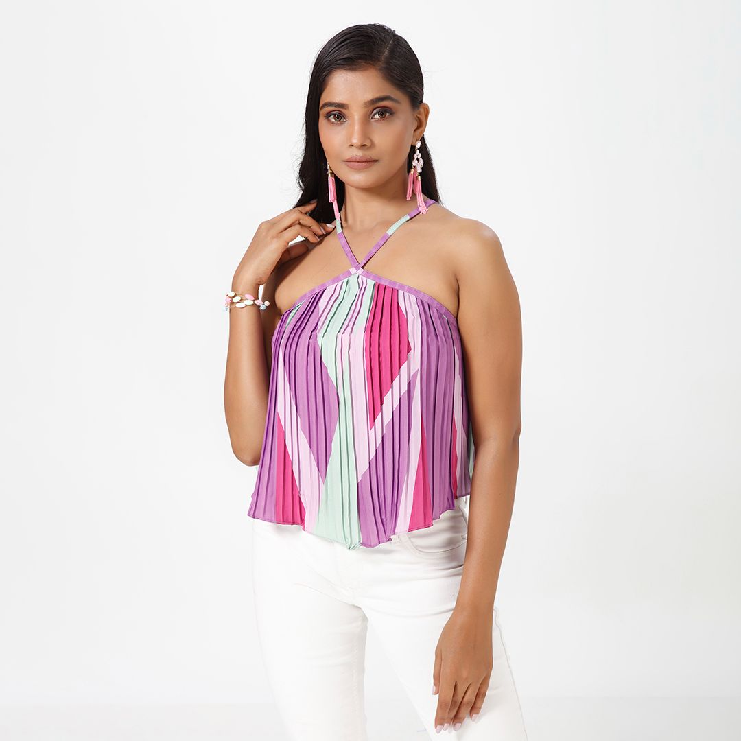 Pleated print western top for women