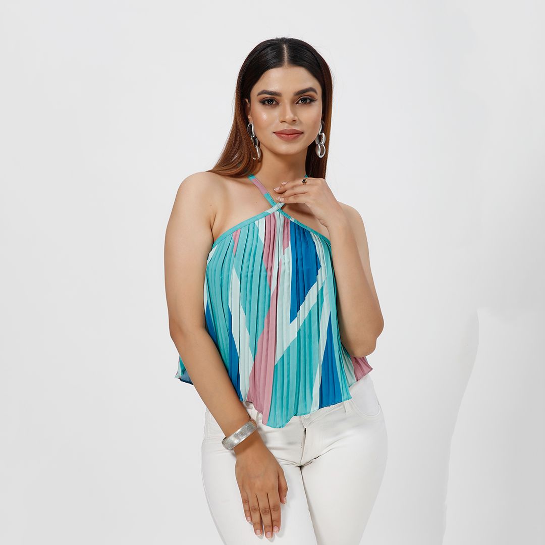 Pleated print western top for women