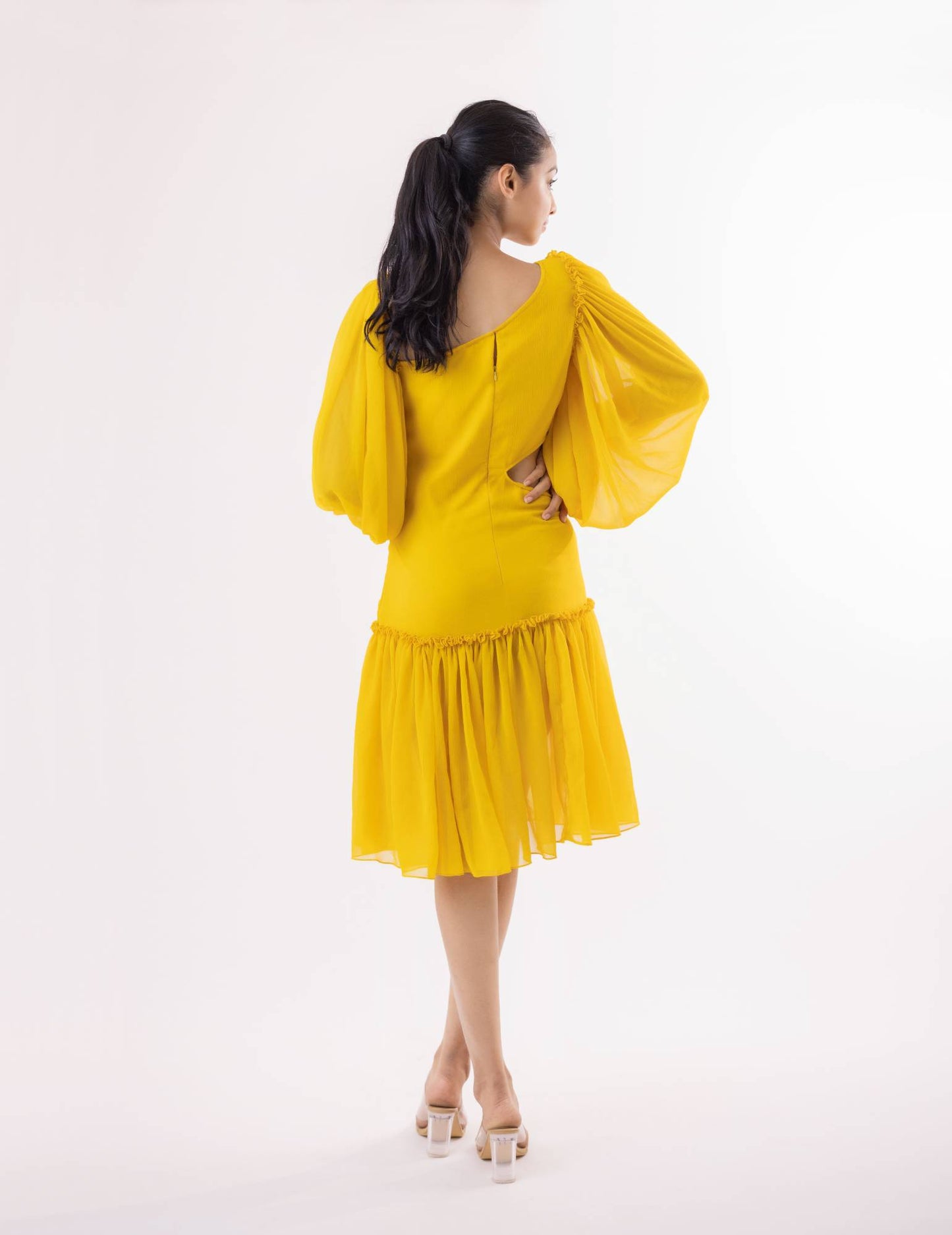 Chiffon Midi Dress with Diagonal Collar and Ruffled Accents & Radiant Red Shimmer Lycra Maxi Dress with Tassel Sleeves and Side Slit