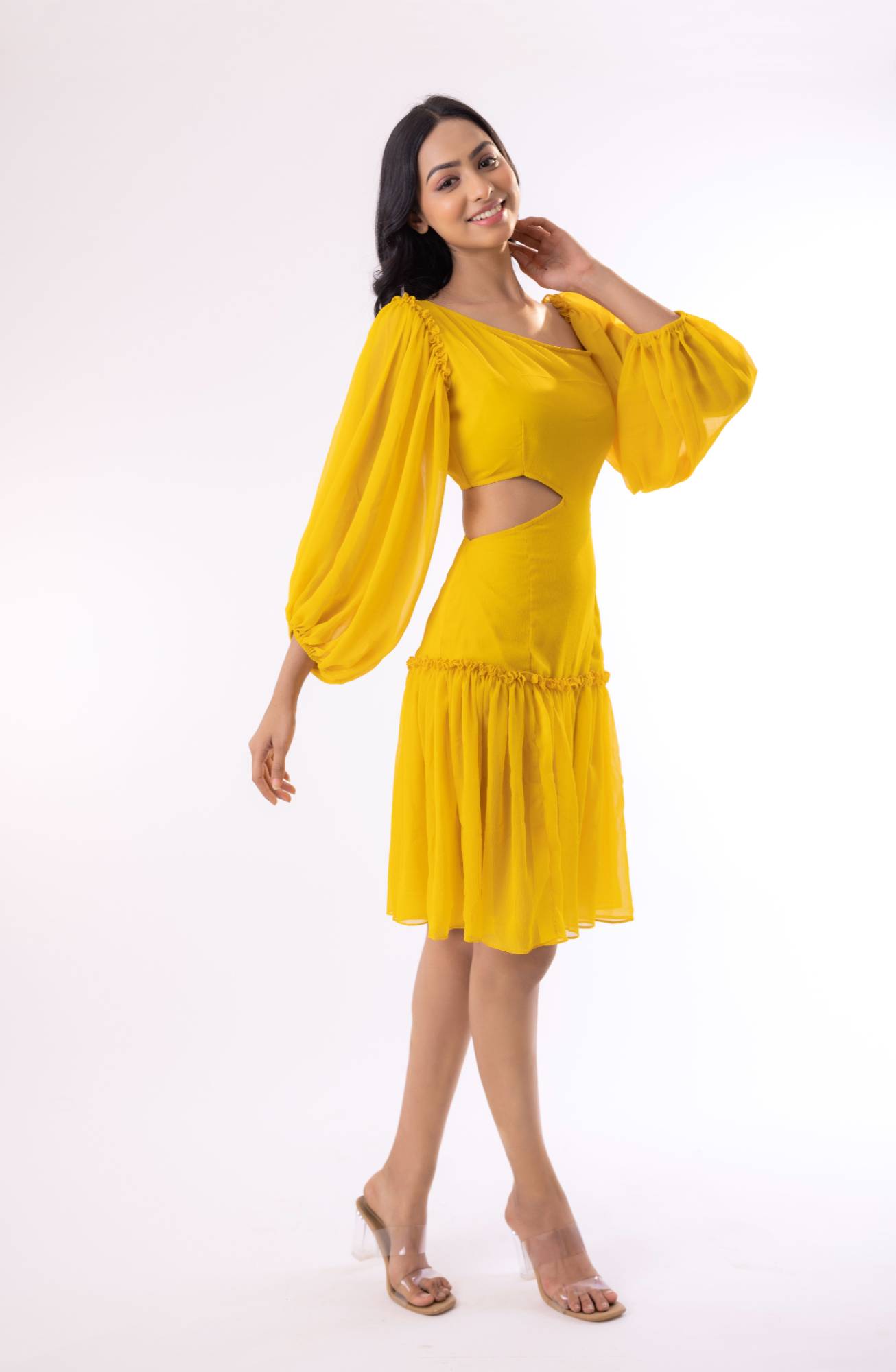 Chiffon Midi Dress with Diagonal Collar and Ruffled Accents & Radiant Red Shimmer Lycra Maxi Dress with Tassel Sleeves and Side Slit