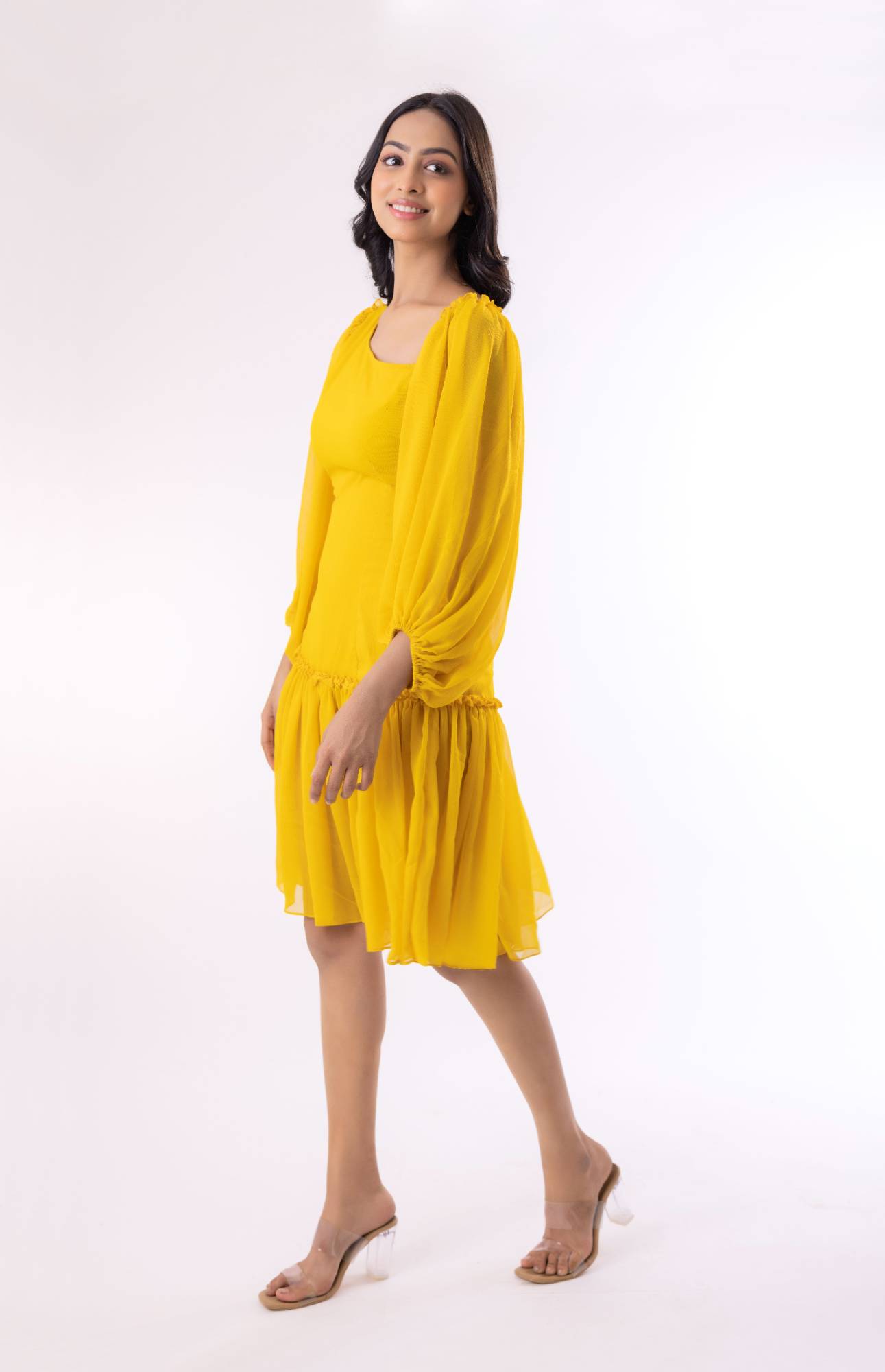 Chiffon Midi Dress with Diagonal Collar and Ruffled Accents & Radiant Red Shimmer Lycra Maxi Dress with Tassel Sleeves and Side Slit