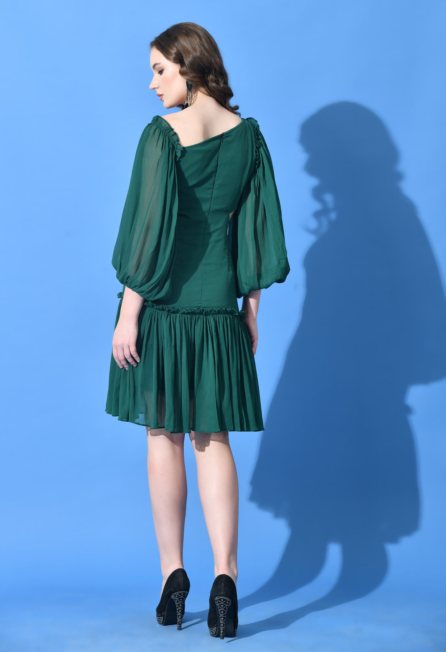 Chiffon Midi Dress with Diagonal Collar and Ruffled Accents (Yellow/Green)