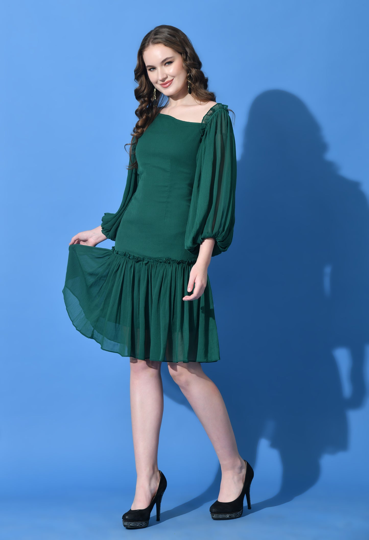 Chiffon Midi Dress with Diagonal Collar and Ruffled Accents (Yellow/Green)