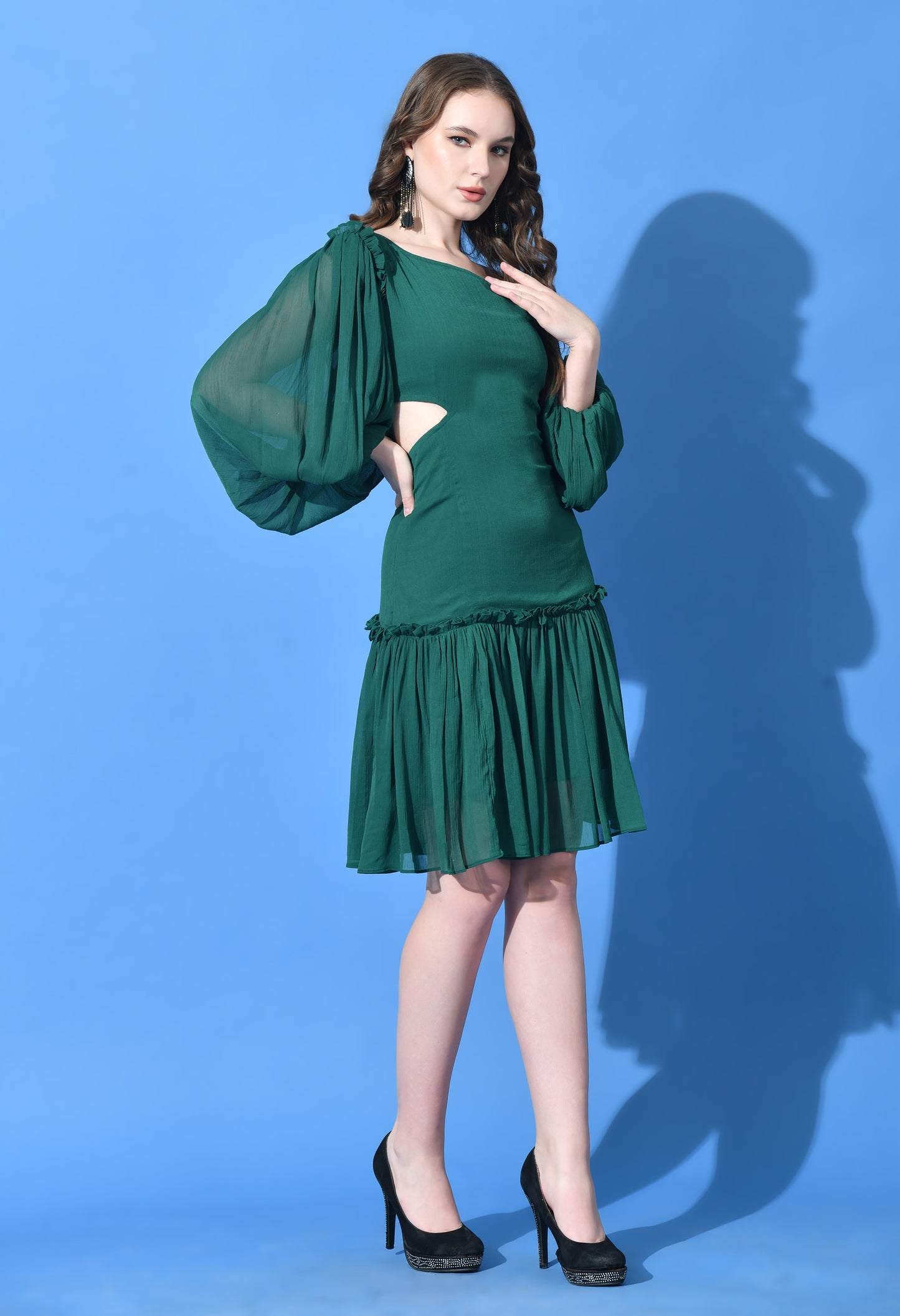 Chiffon Midi Dress with Diagonal Collar and Ruffled Accents (Yellow/Green)