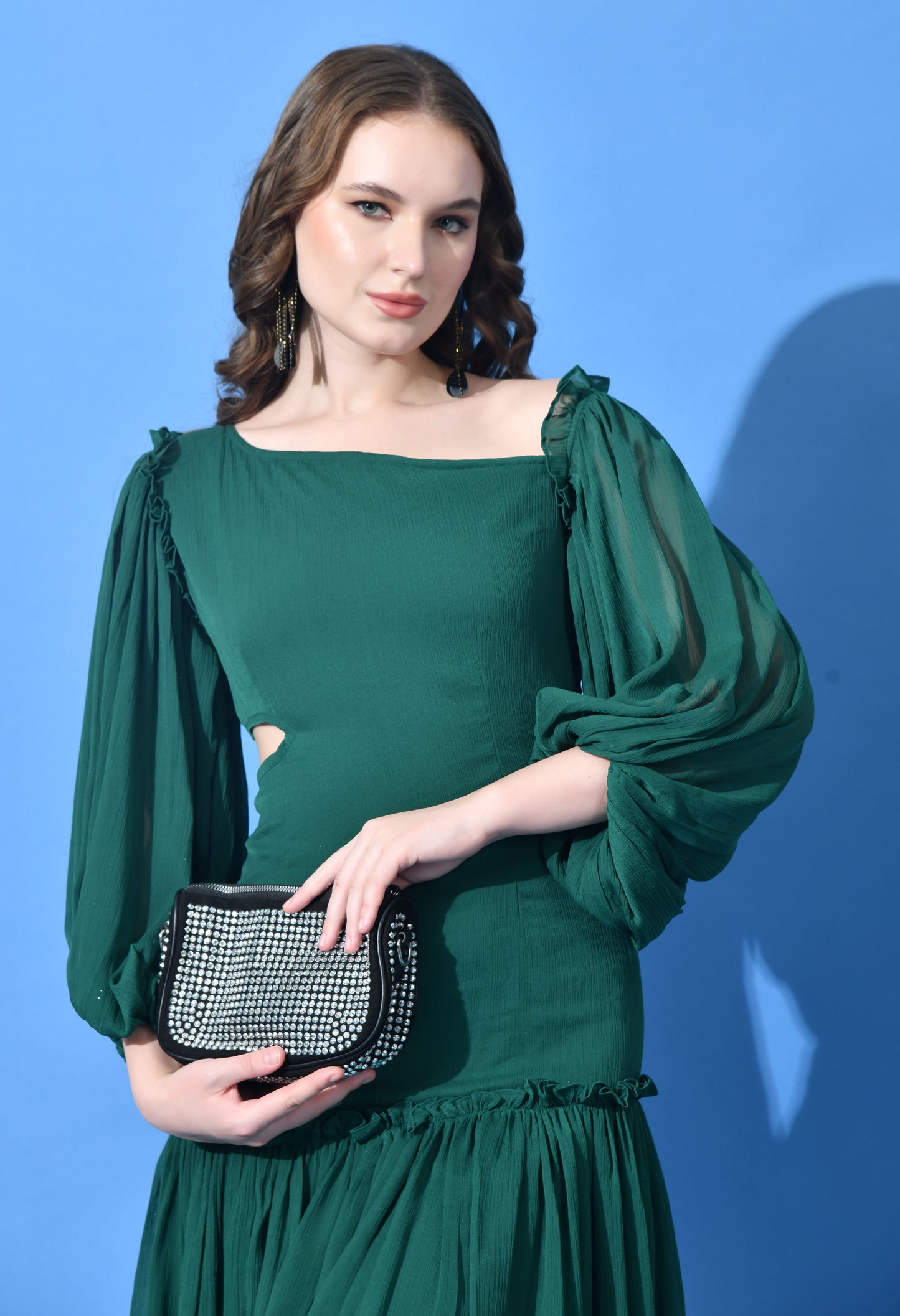 Chiffon Midi Dress with Diagonal Collar and Ruffled Accents (Yellow/Green)