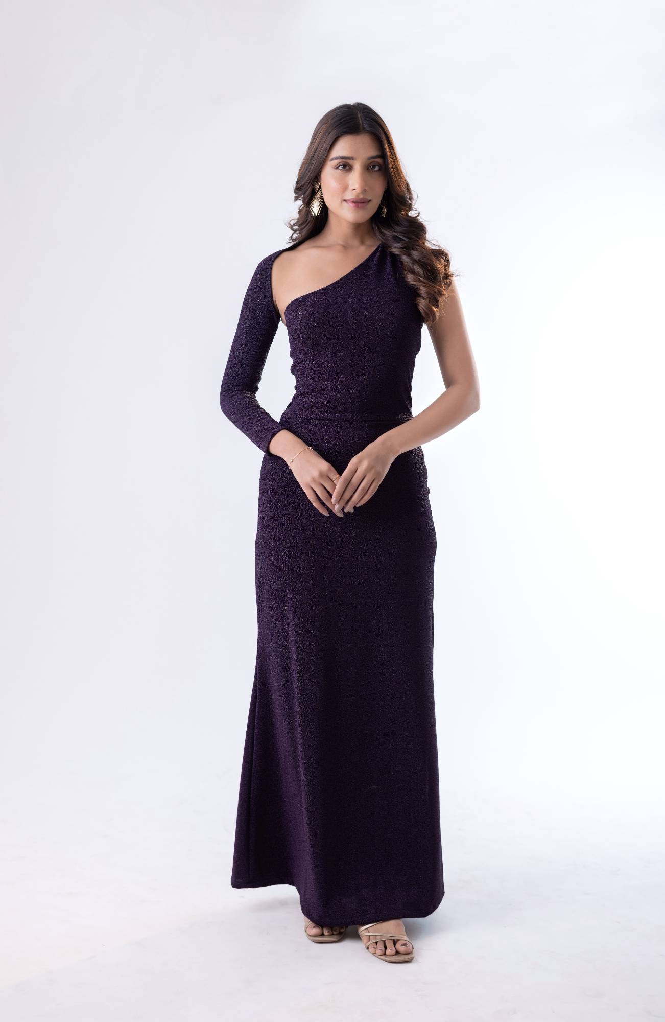 Glamourous Lycra Shimmer Maxi Dress with One-Shoulder Cut-Out Design