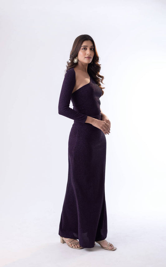 Glamourous Lycra Shimmer Maxi Dress with One-Shoulder Cut-Out Design
