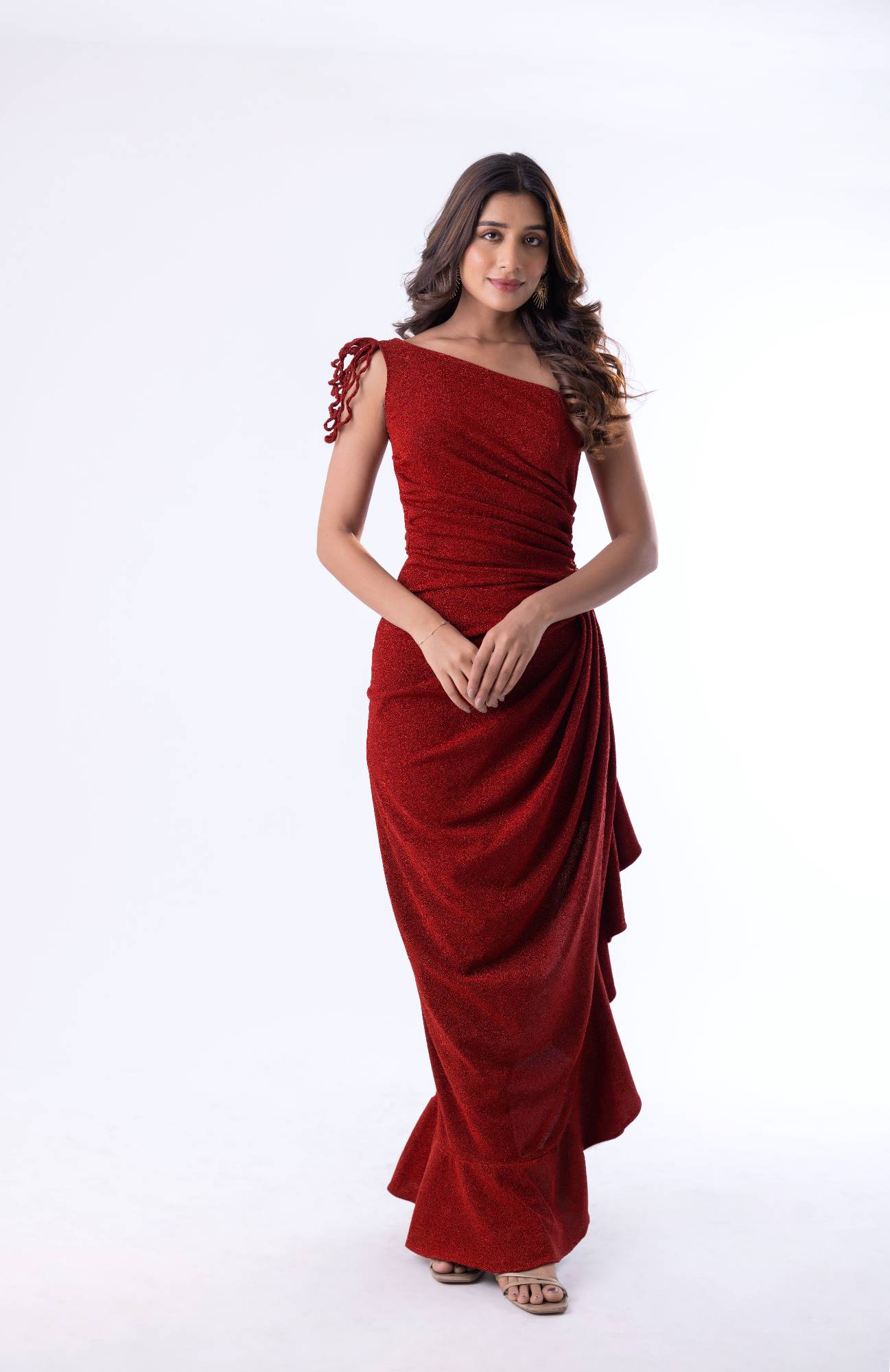 Chiffon Midi Dress with Diagonal Collar and Ruffled Accents & Radiant Red Shimmer Lycra Maxi Dress with Tassel Sleeves and Side Slit