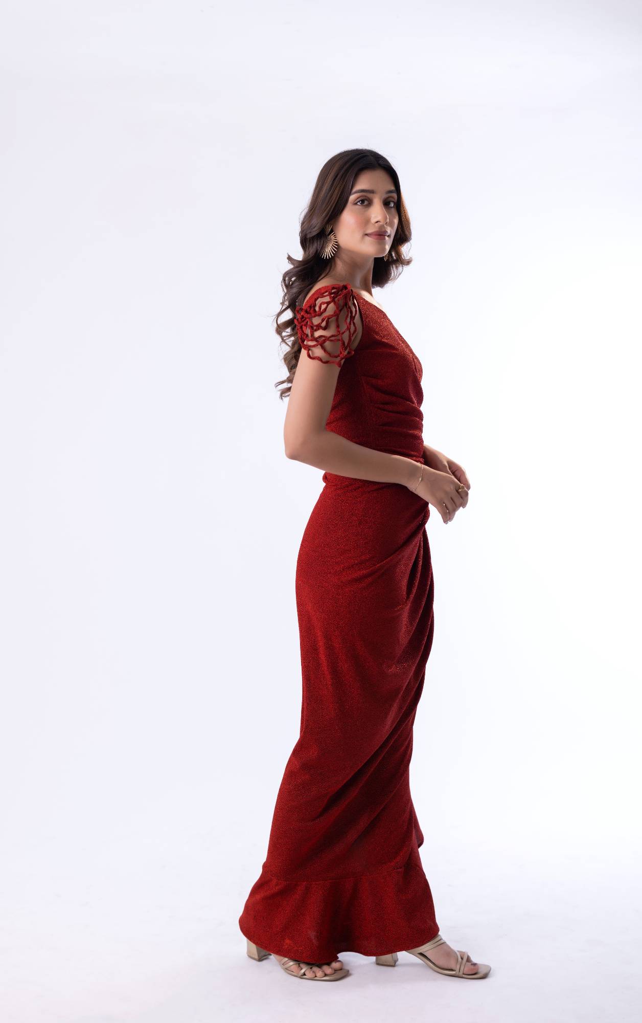 Chiffon Midi Dress with Diagonal Collar and Ruffled Accents & Radiant Red Shimmer Lycra Maxi Dress with Tassel Sleeves and Side Slit