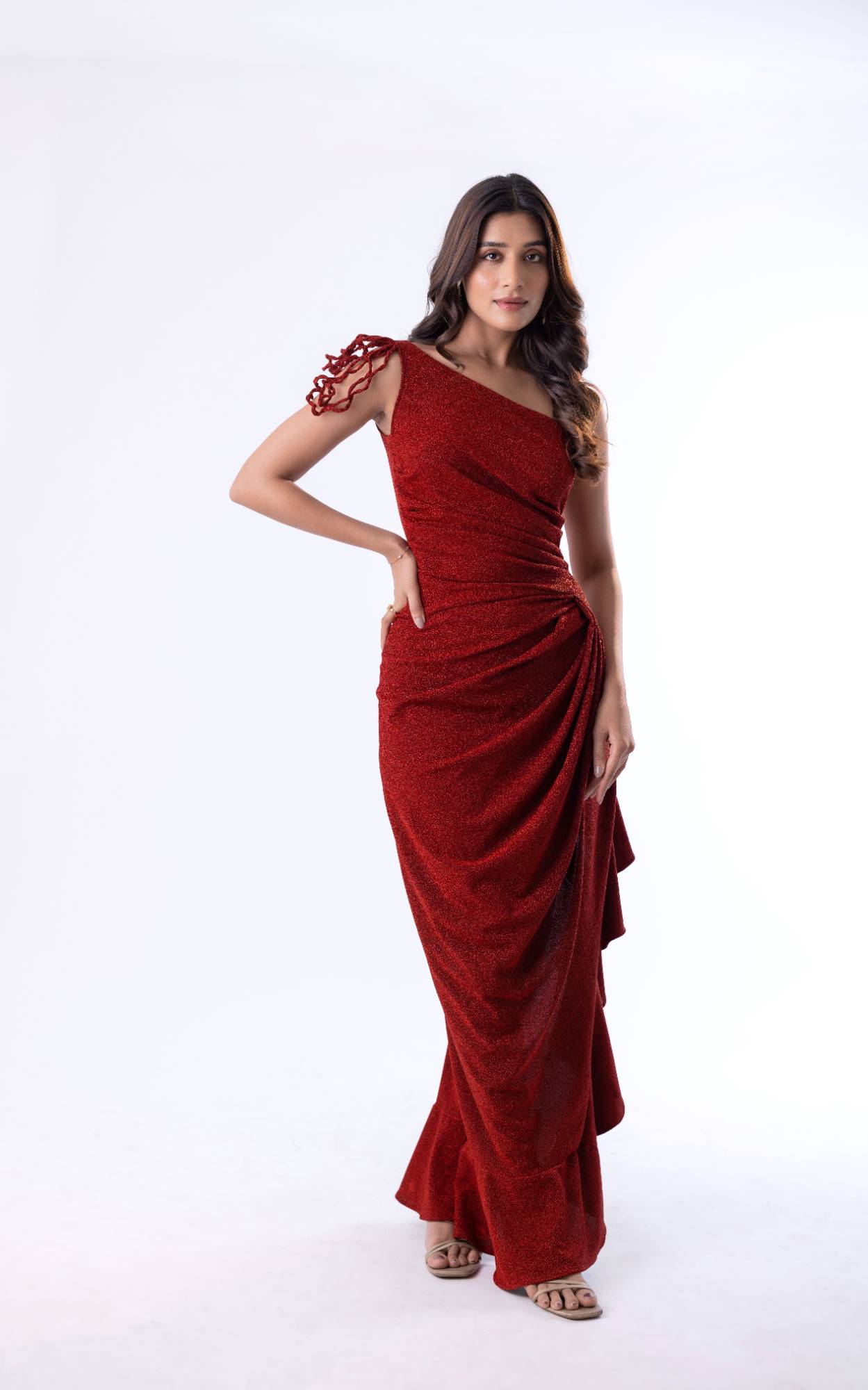 Chiffon Midi Dress with Diagonal Collar and Ruffled Accents & Radiant Red Shimmer Lycra Maxi Dress with Tassel Sleeves and Side Slit